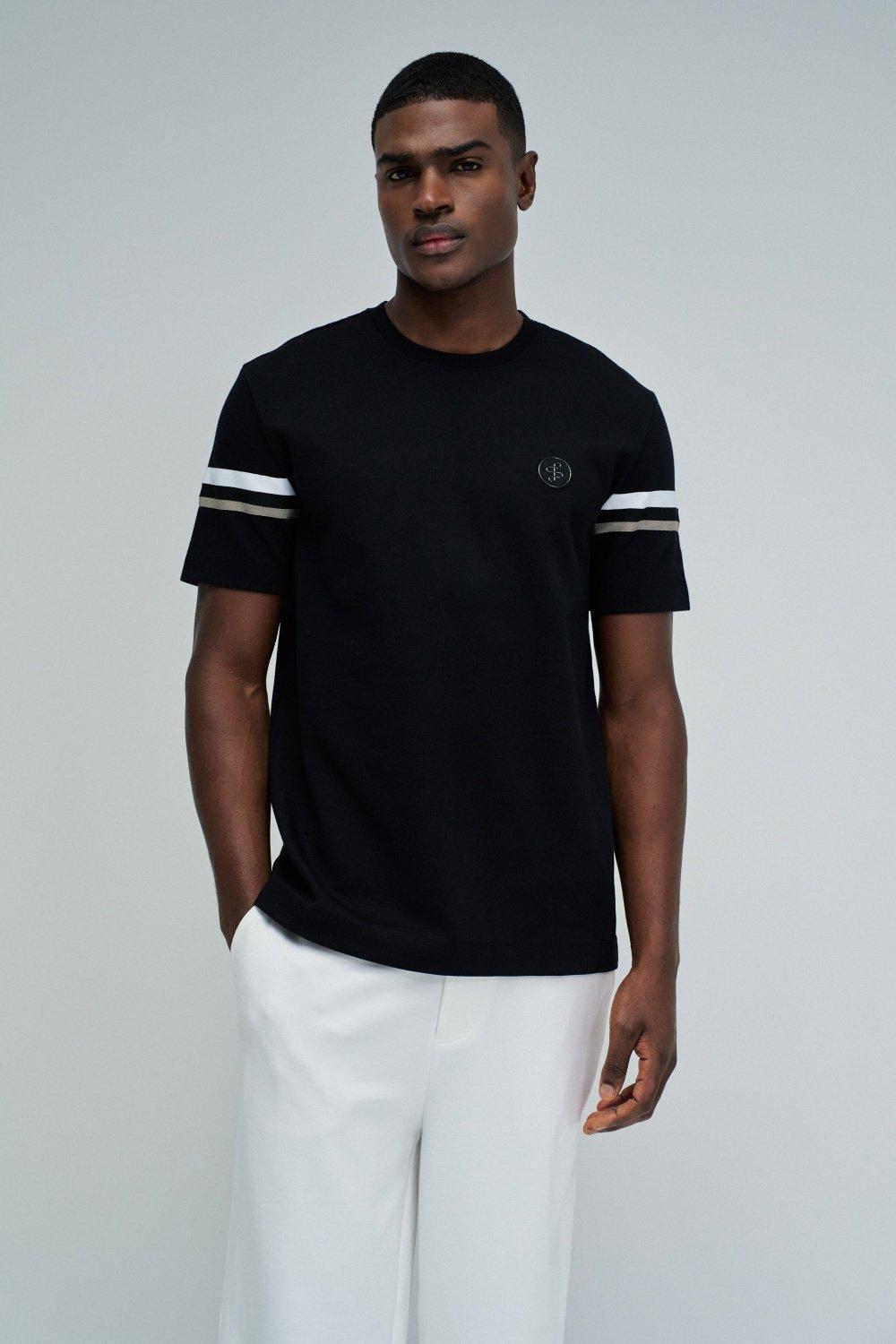 T-Shirt With Stripes, Black, medium