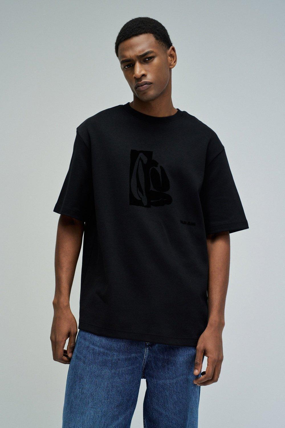 T-Shirt With Velvet Print, Black, medium