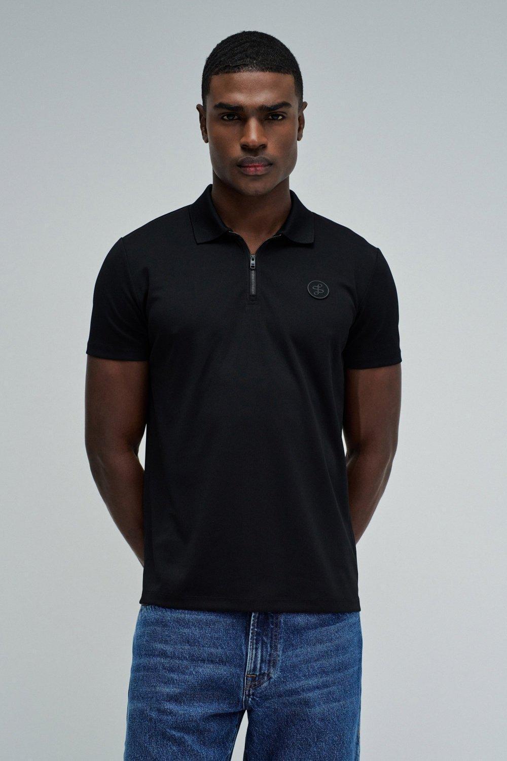 Polo Regular Fit Pique with Structure and Zip, Black, medium
