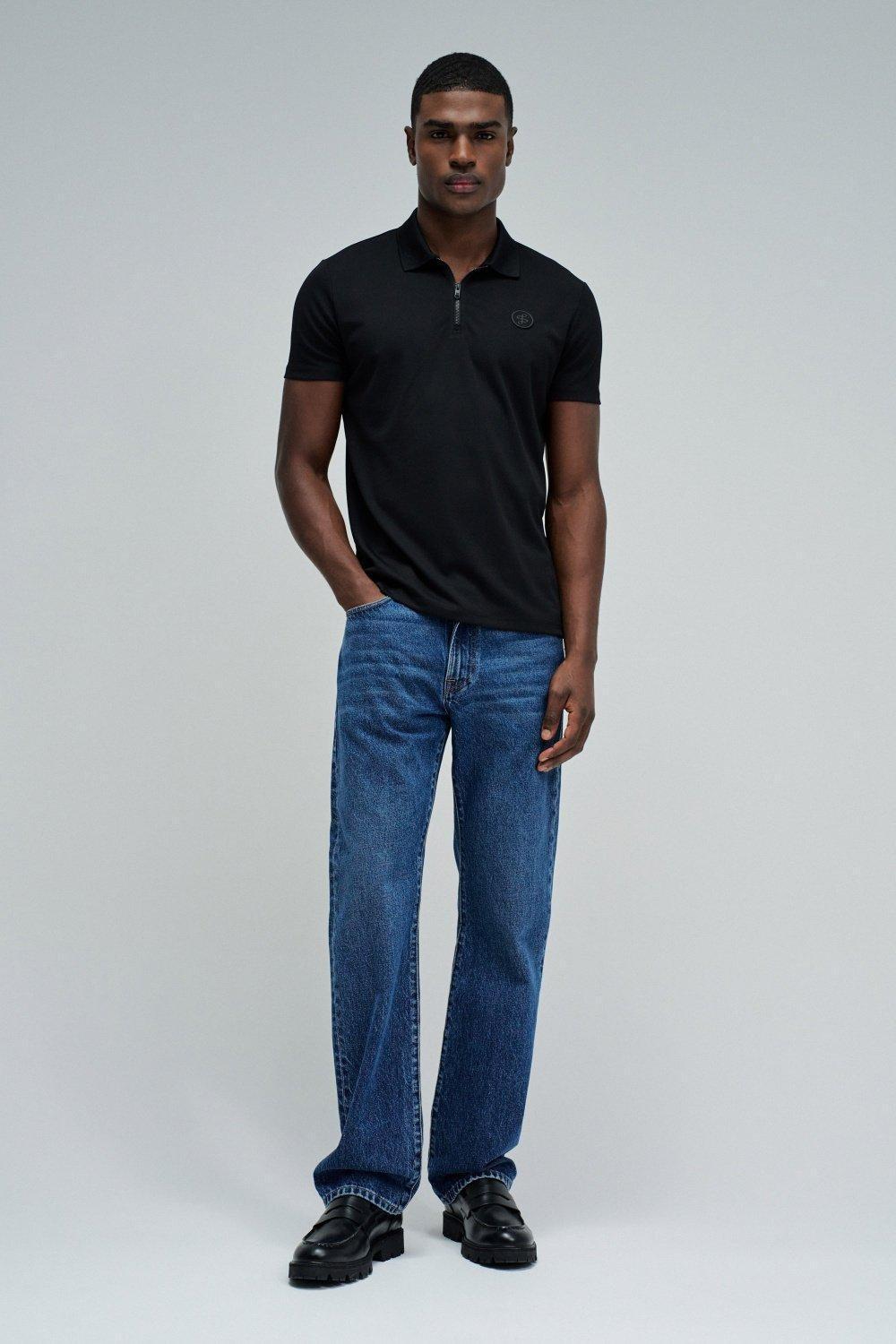 Polo Regular Fit Pique with Structure and Zip, Black, medium