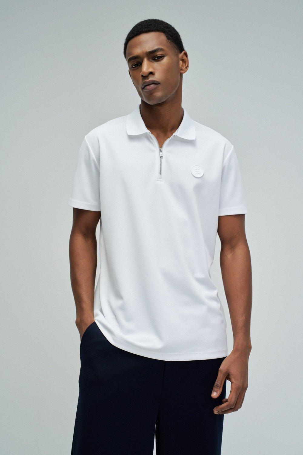 Polo Regular Fit Pique with Structure and Zip, White, medium