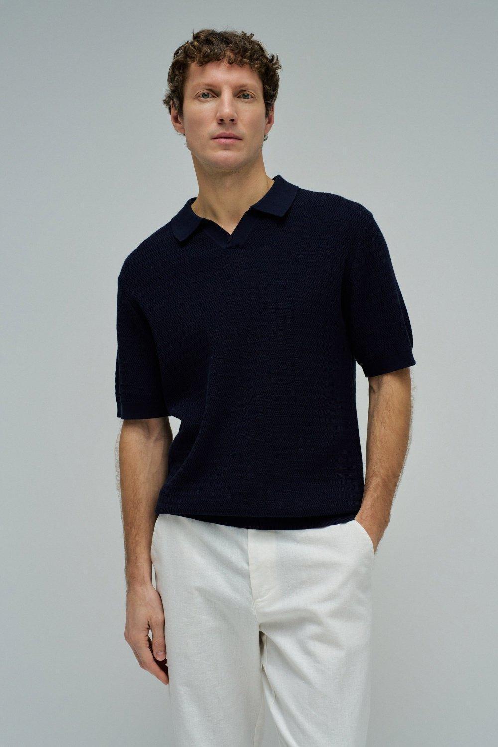 Knitted Mesh Polo, Navy, medium