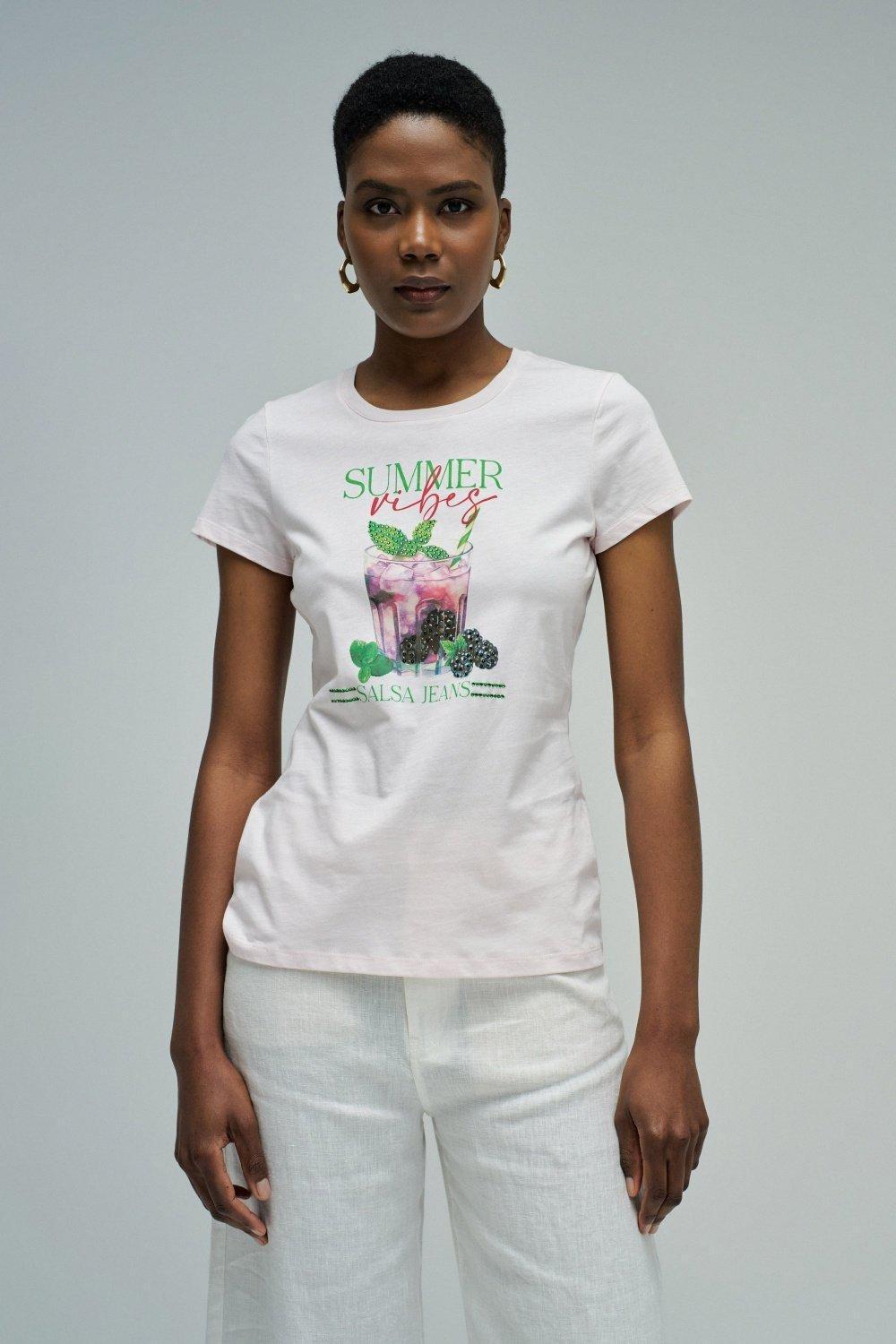 T Shirt With Print And Branding, Pink, medium
