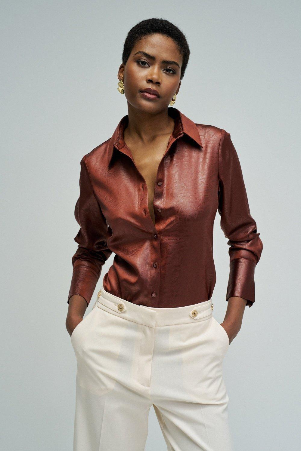 Satin Shirt With Texture, Brown, large image number 1