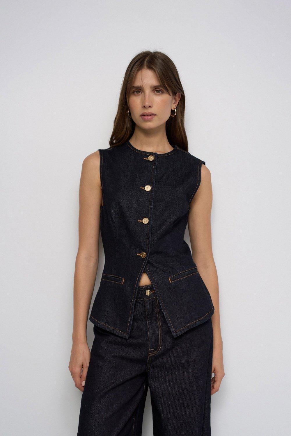Denim Waistcoat, Dark Blue, large image number 0