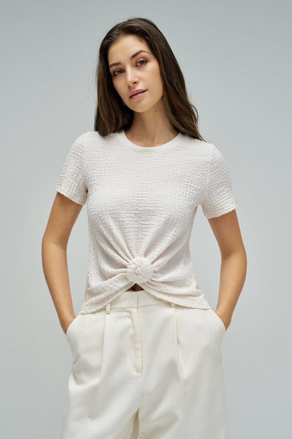 Textured T-Shirt With Front Knot, White, large image number 0