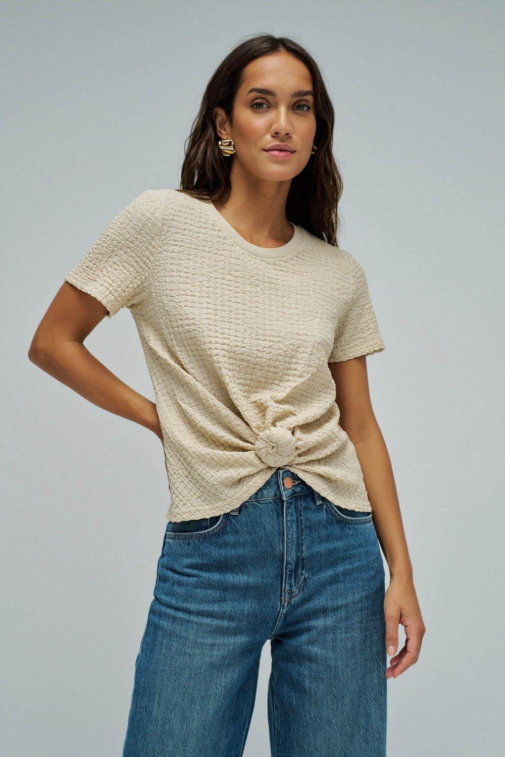Textured T-Shirt With Front Knot, Pearl, medium