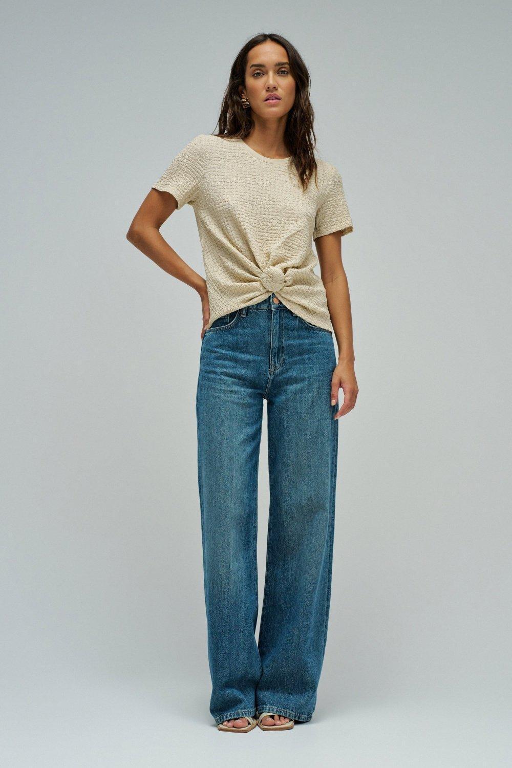 Textured T-Shirt With Front Knot, Pearl, large image number 1