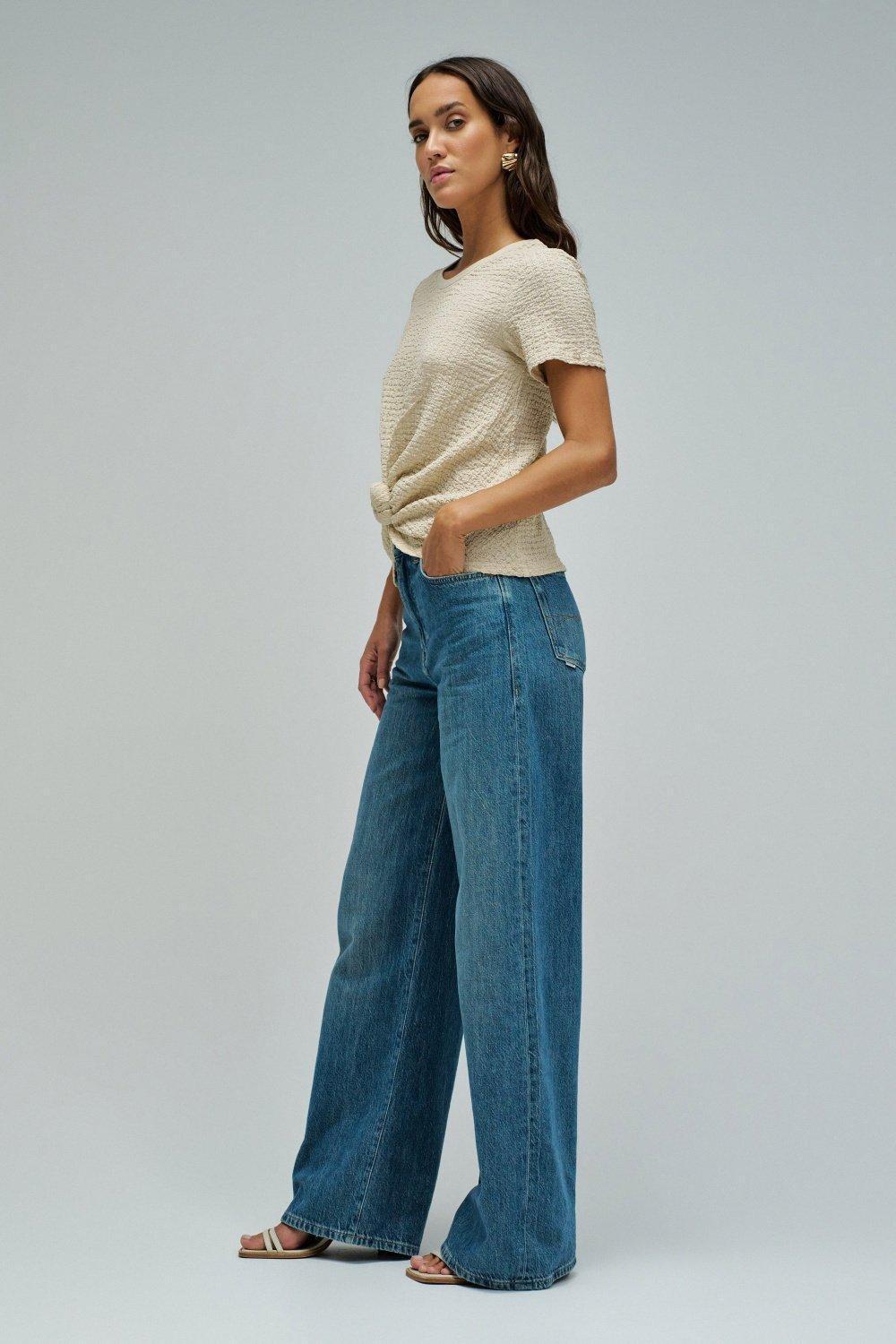 Textured T-Shirt With Front Knot, Pearl, medium