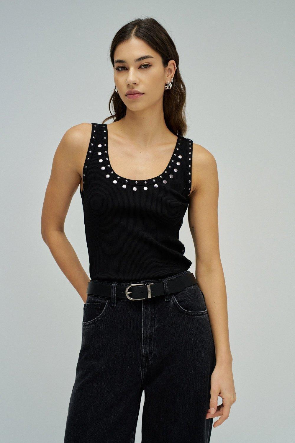 Top With Applications On The Neckline, Black, large image number 0