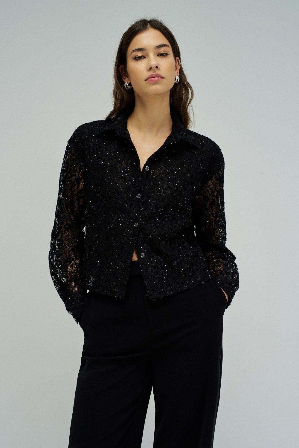 Sequins Lace Shirt, Black, medium