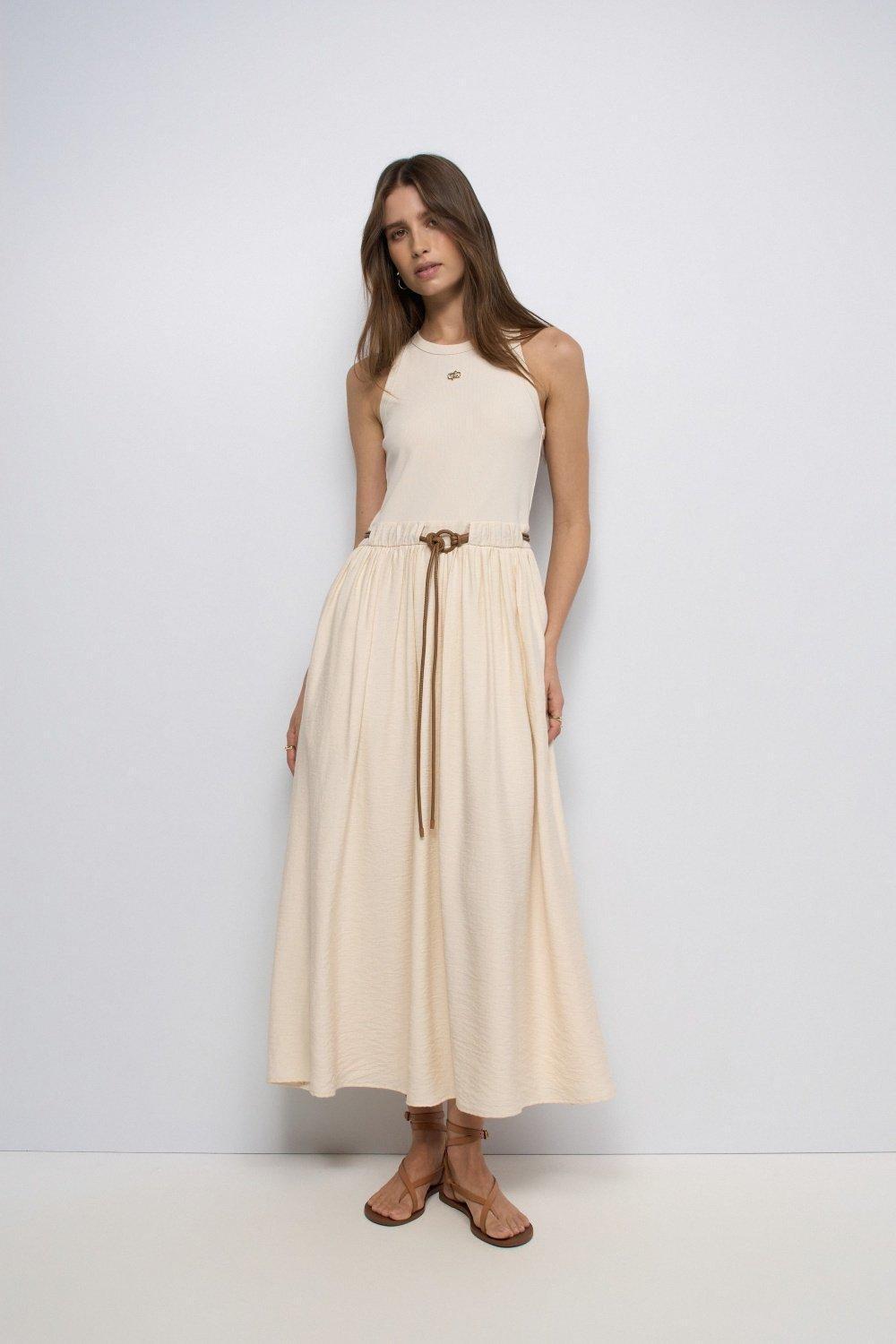 Mixed Material Dress, Beige, large image number 0