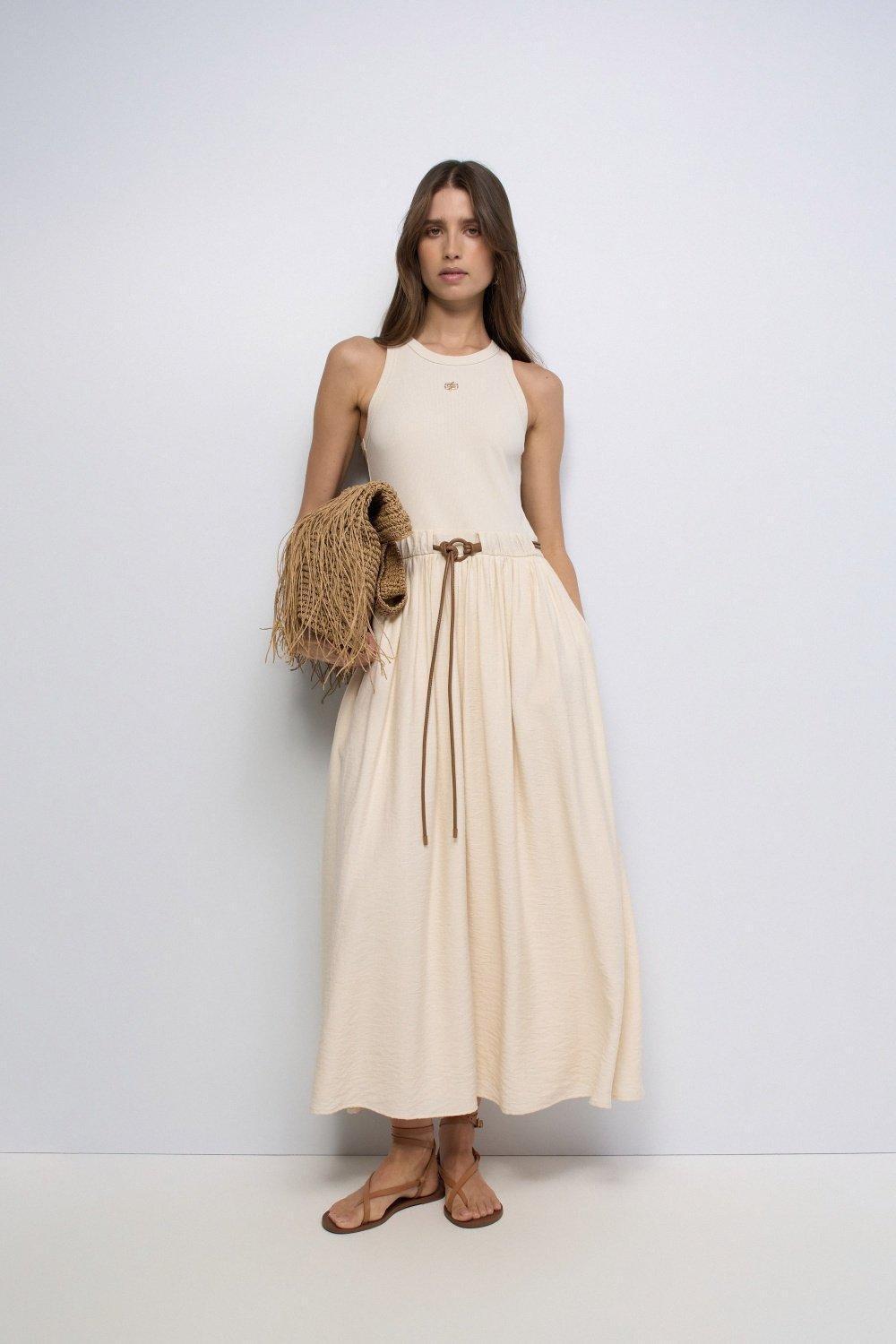 Mixed Material Dress, Beige, medium