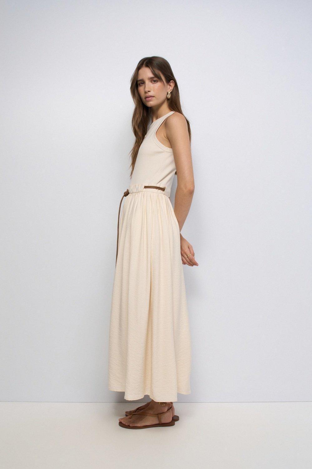 Mixed Material Dress, Beige, large image number 2