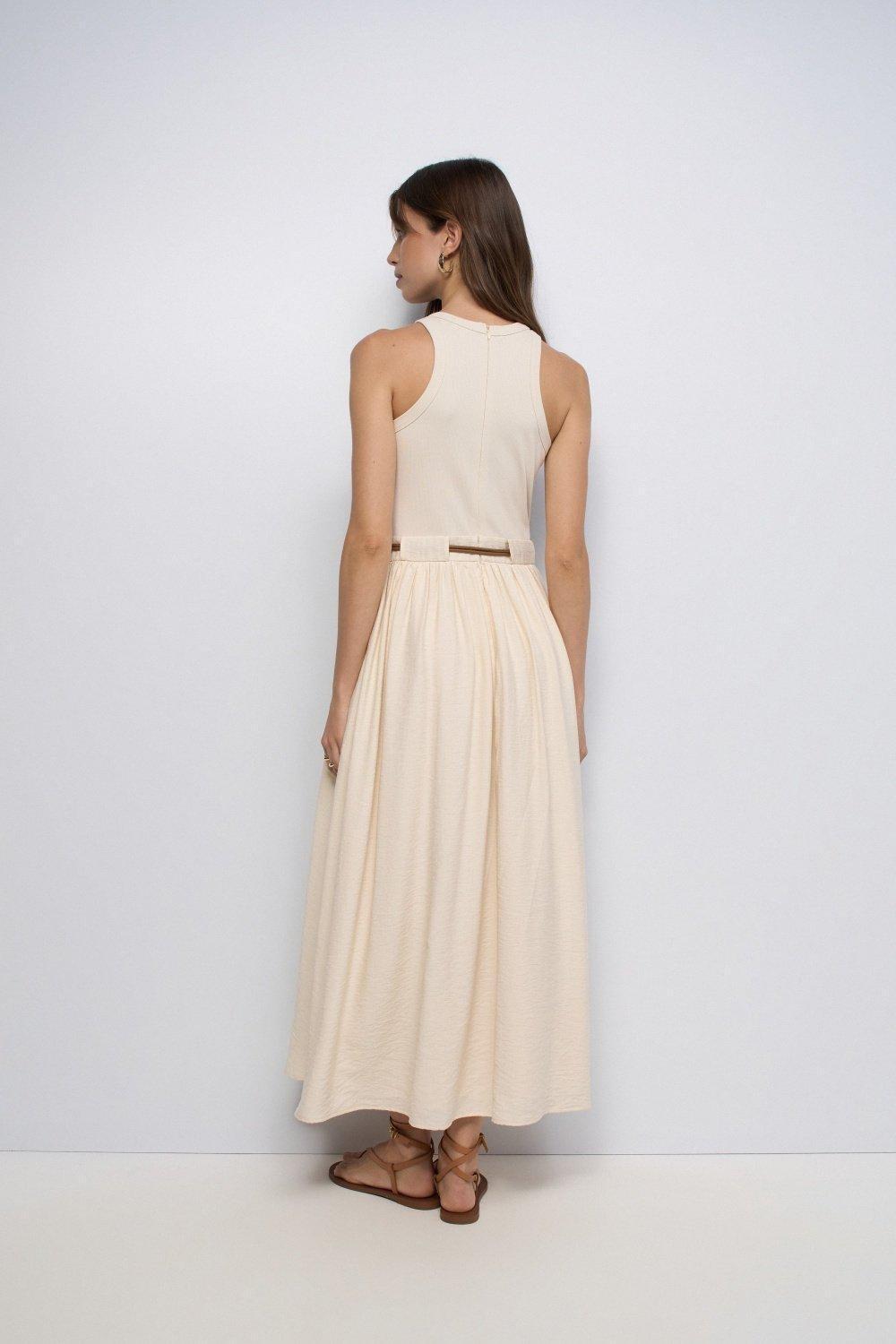Mixed Material Dress, Beige, large image number 3