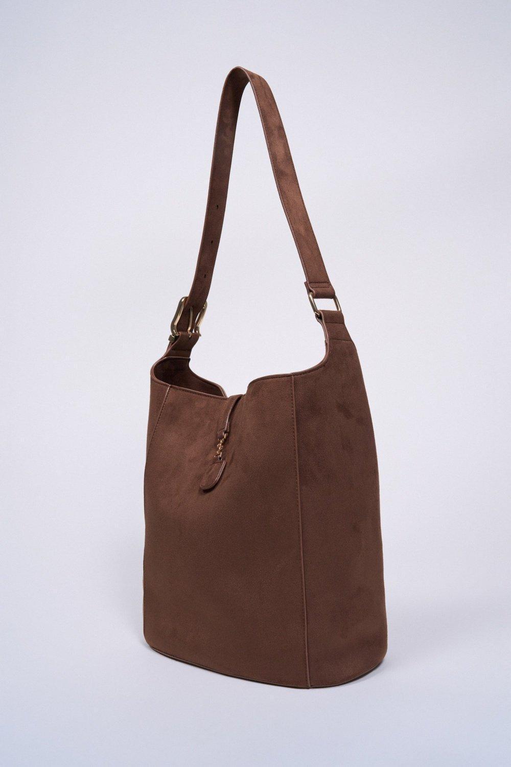 Suede Effect Tote Bag, Brown, medium