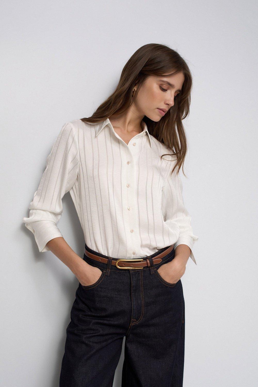 Striped Satin Shirt, Beige, large image number 0