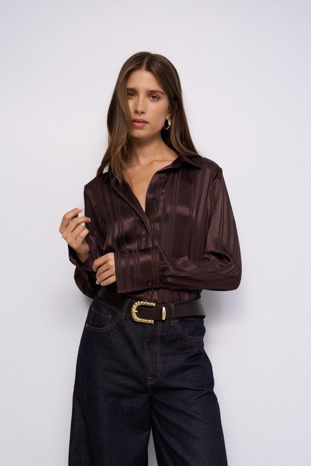 Striped Satin Shirt, Brown, medium
