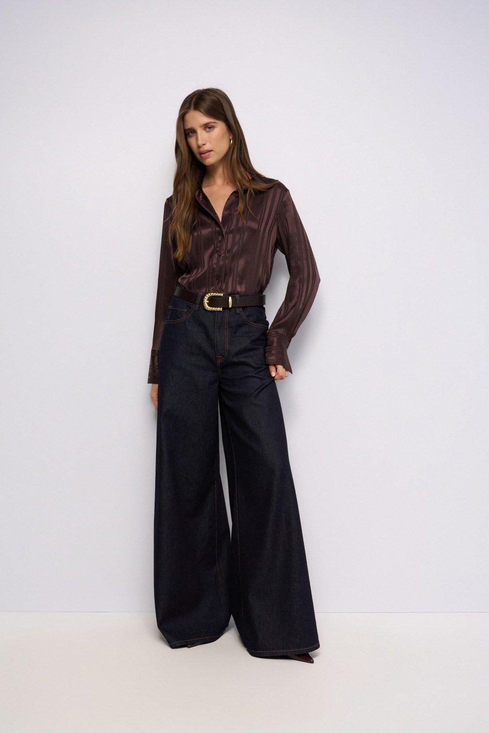 Striped Satin Shirt, Brown, medium