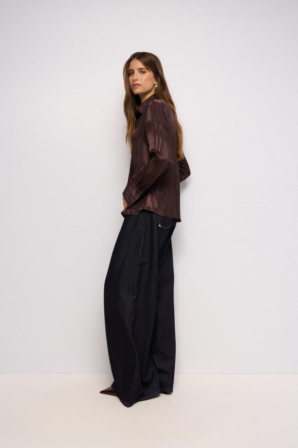Striped Satin Shirt, Brown, medium
