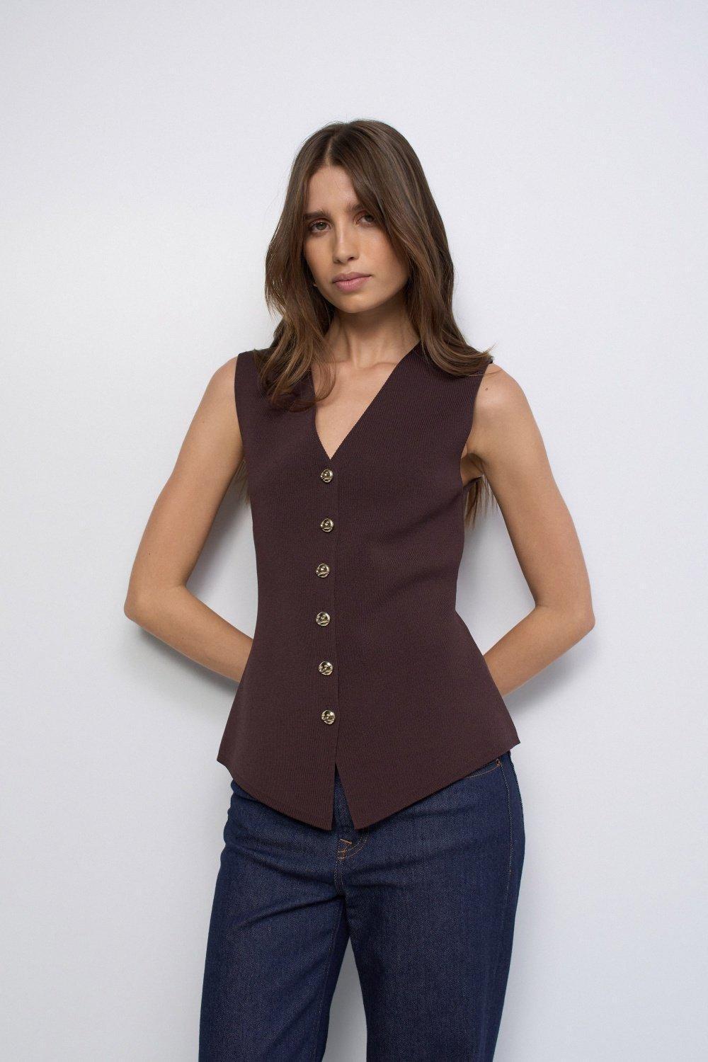 Waistcoat In Knit, Brown, medium