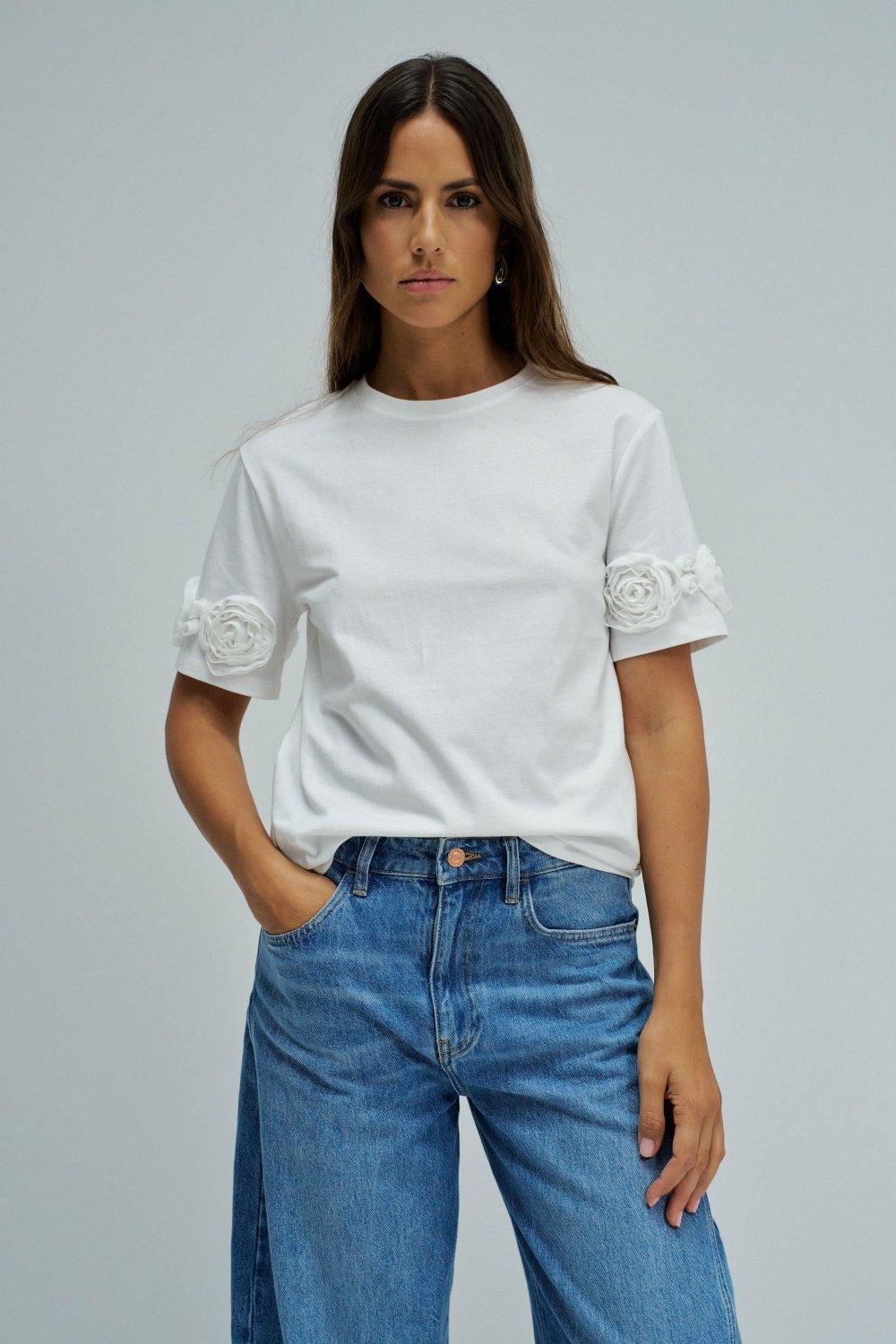 T Shirt With Three Dimensional Floral Applique, White, large image number 0