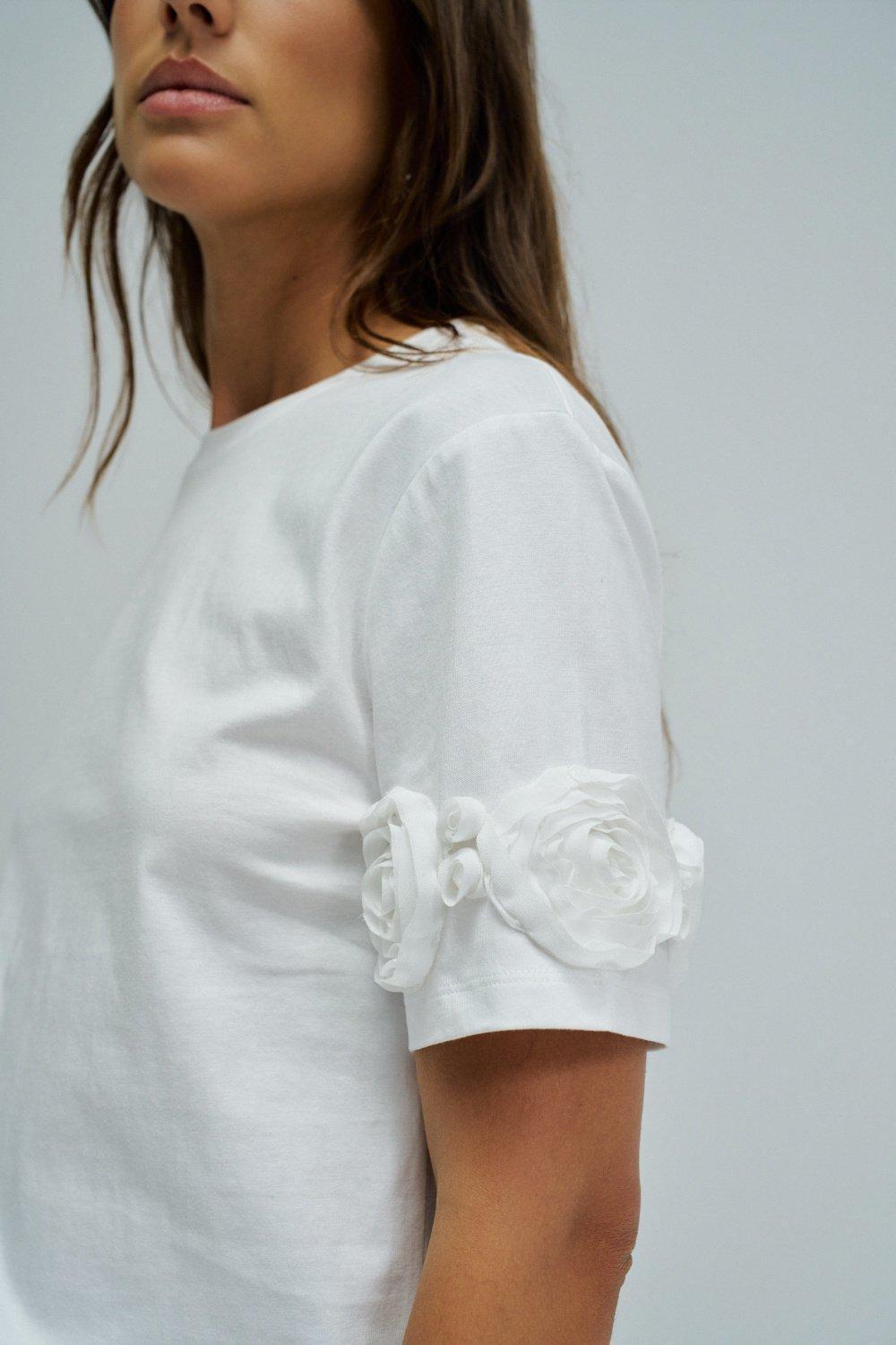 T Shirt With Three Dimensional Floral Applique, White, large image number 4