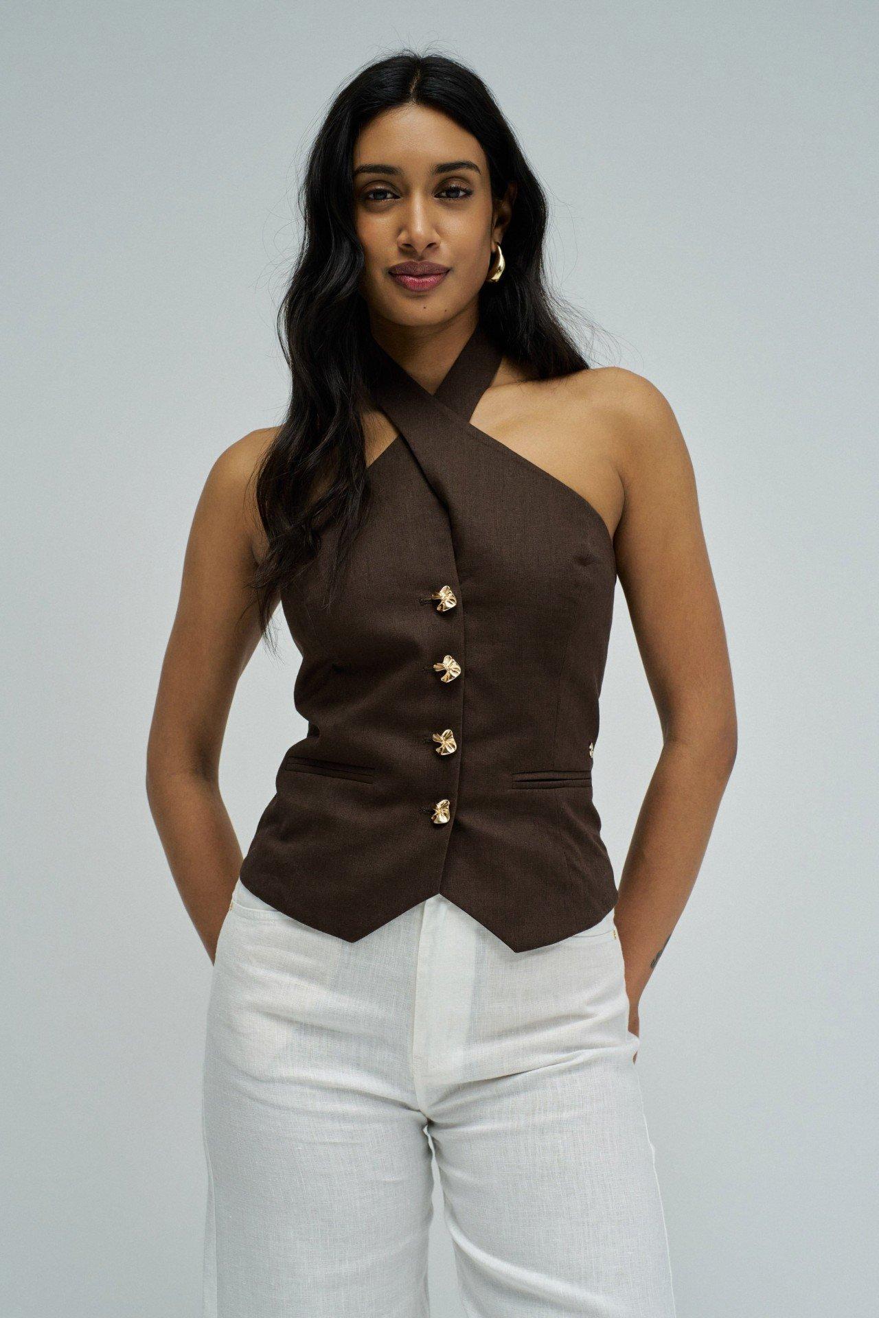 Linen Vest, Brown, medium