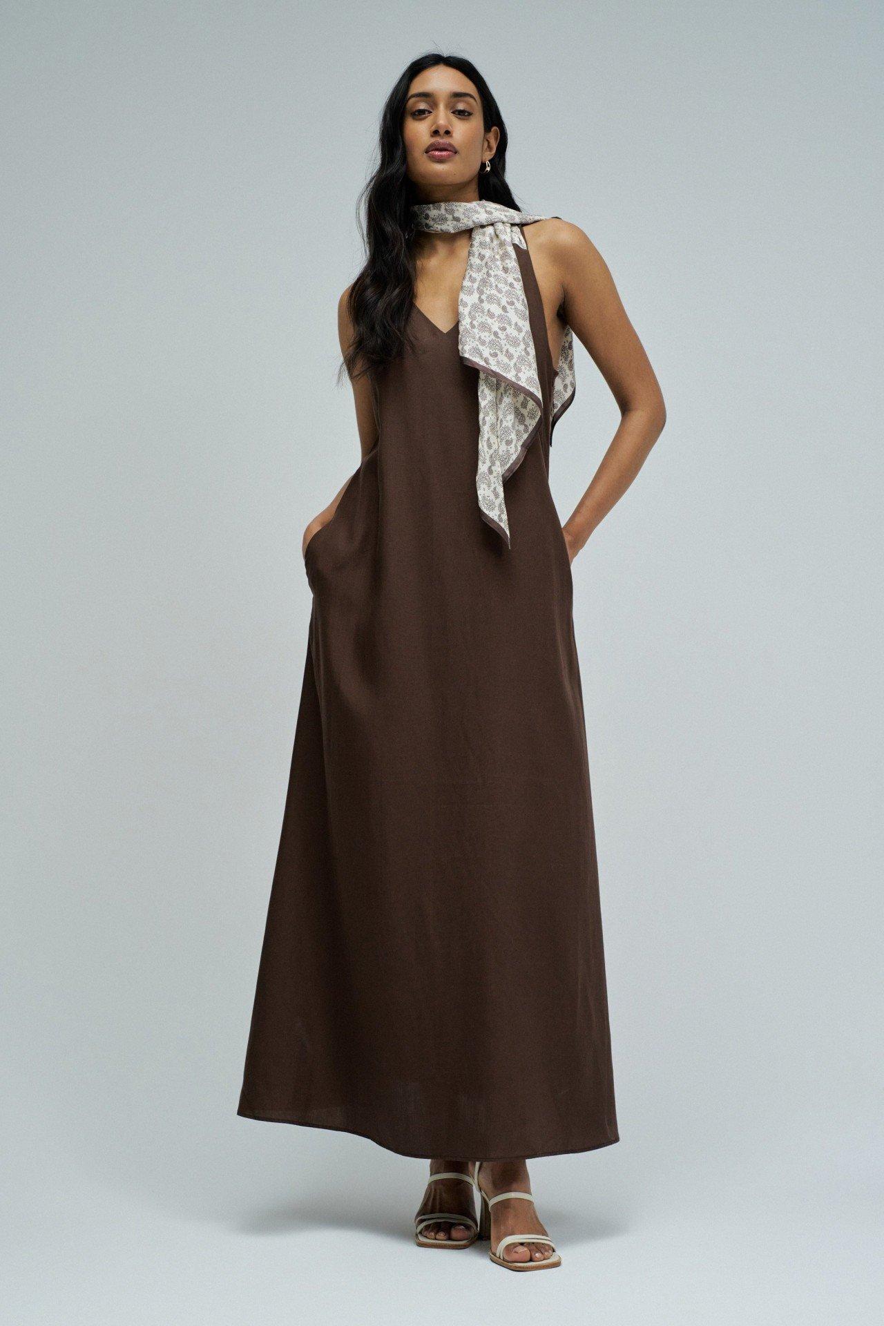 Dress In Light Denim With Linen, Brown, medium