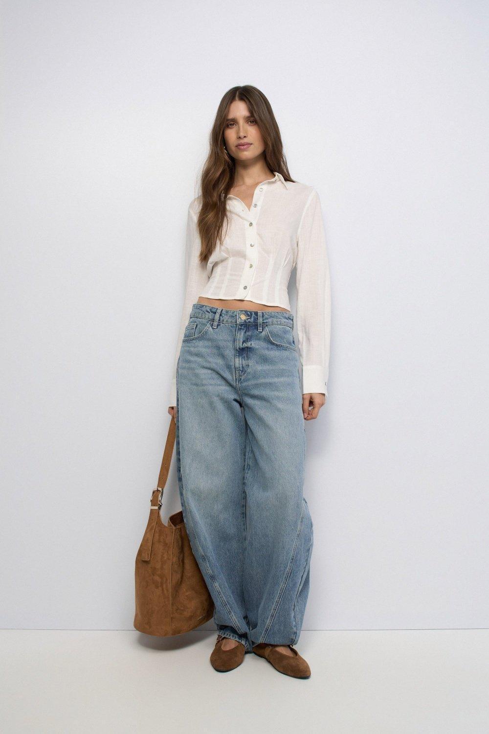 Cropped Shirt With Linen, White, medium