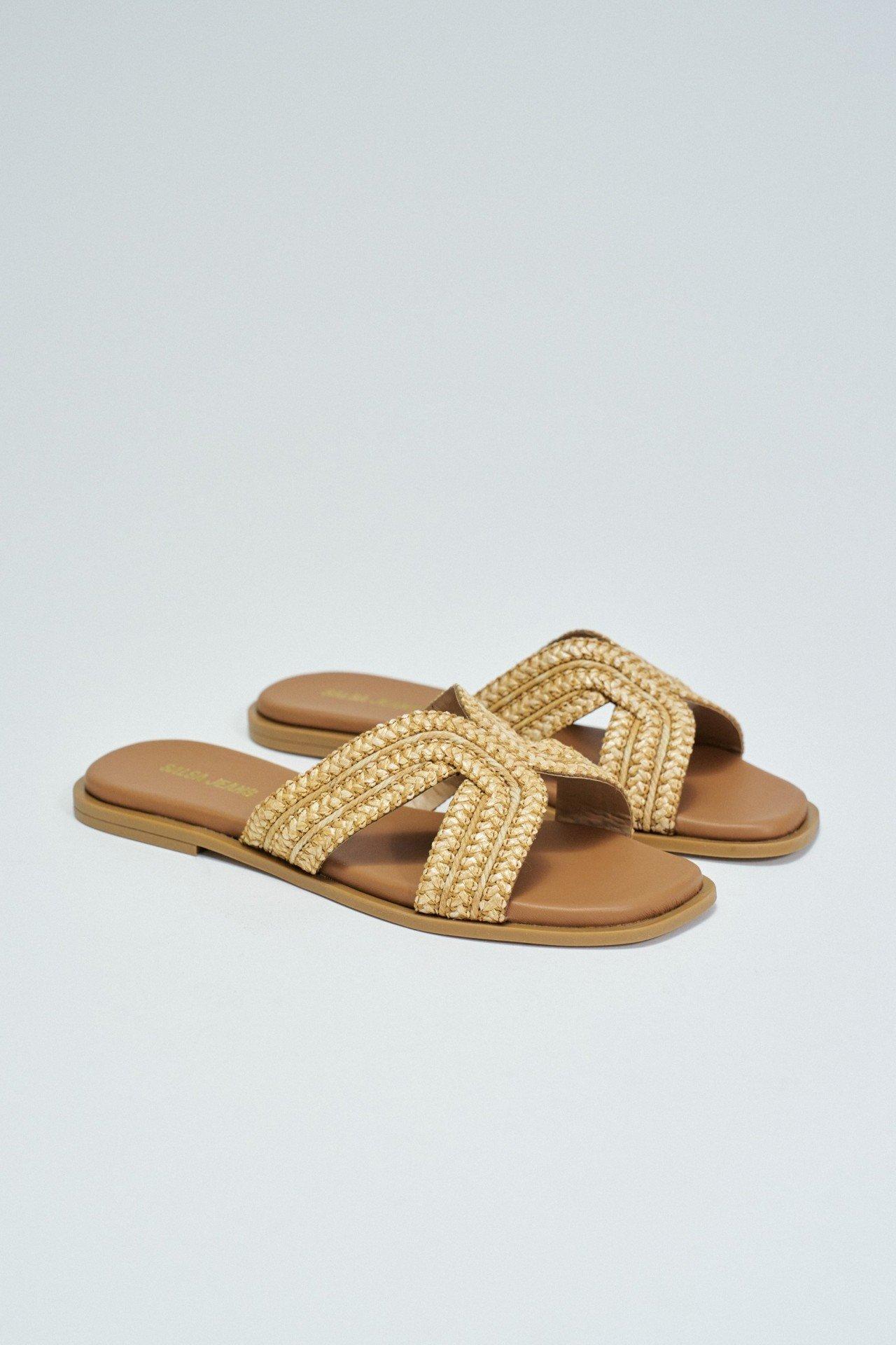 Flat Raffia Sandals, Brown, medium