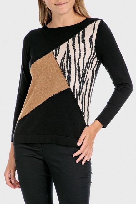 Punt Roma - Black Metallic Thread Intarsia Sweater, Women