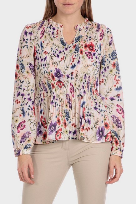 Punt Roma - Beige Floral Pleated Blouse
