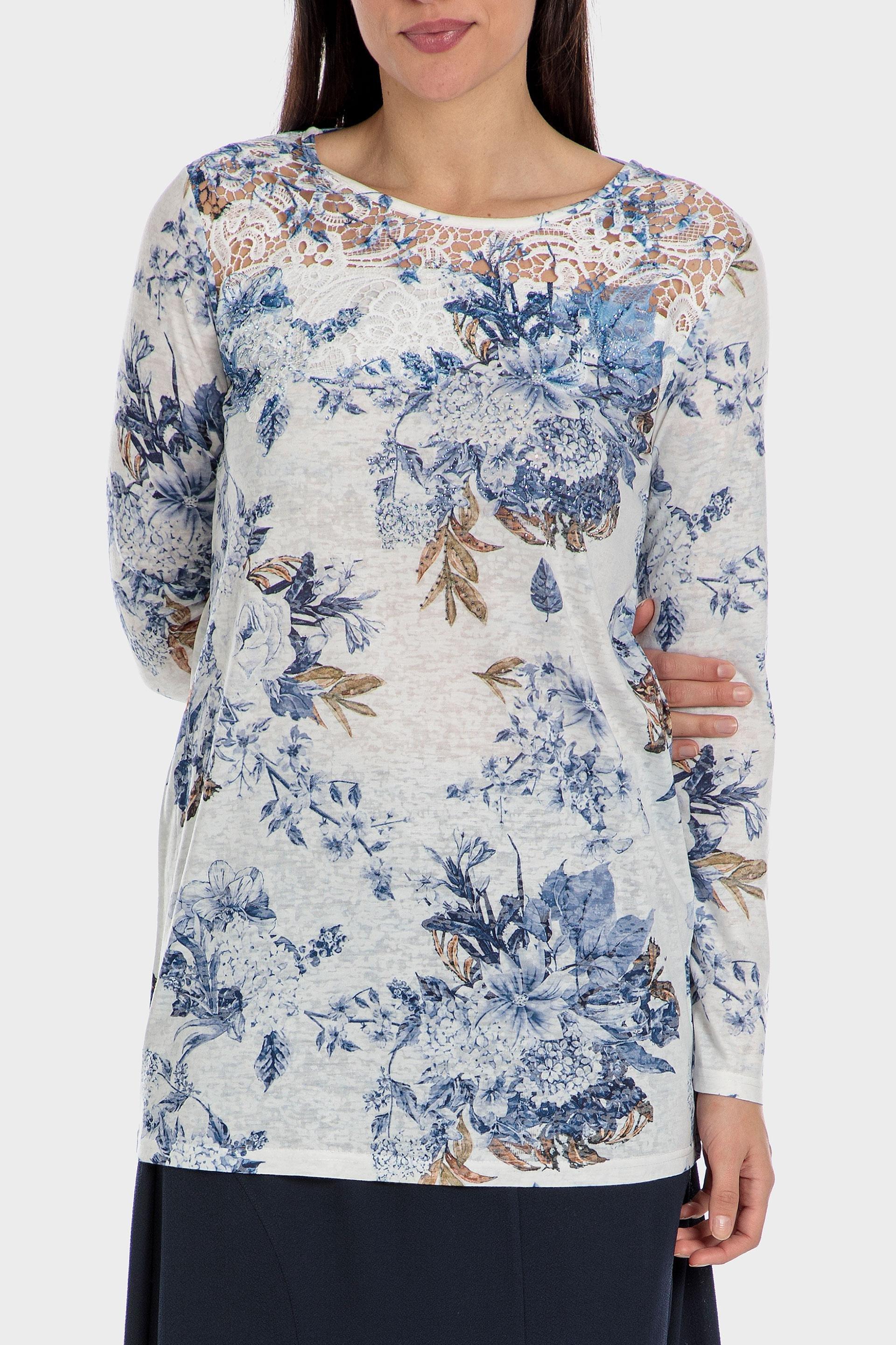 Blue Printed Crochet Long Sleeve Top, , large image number 0