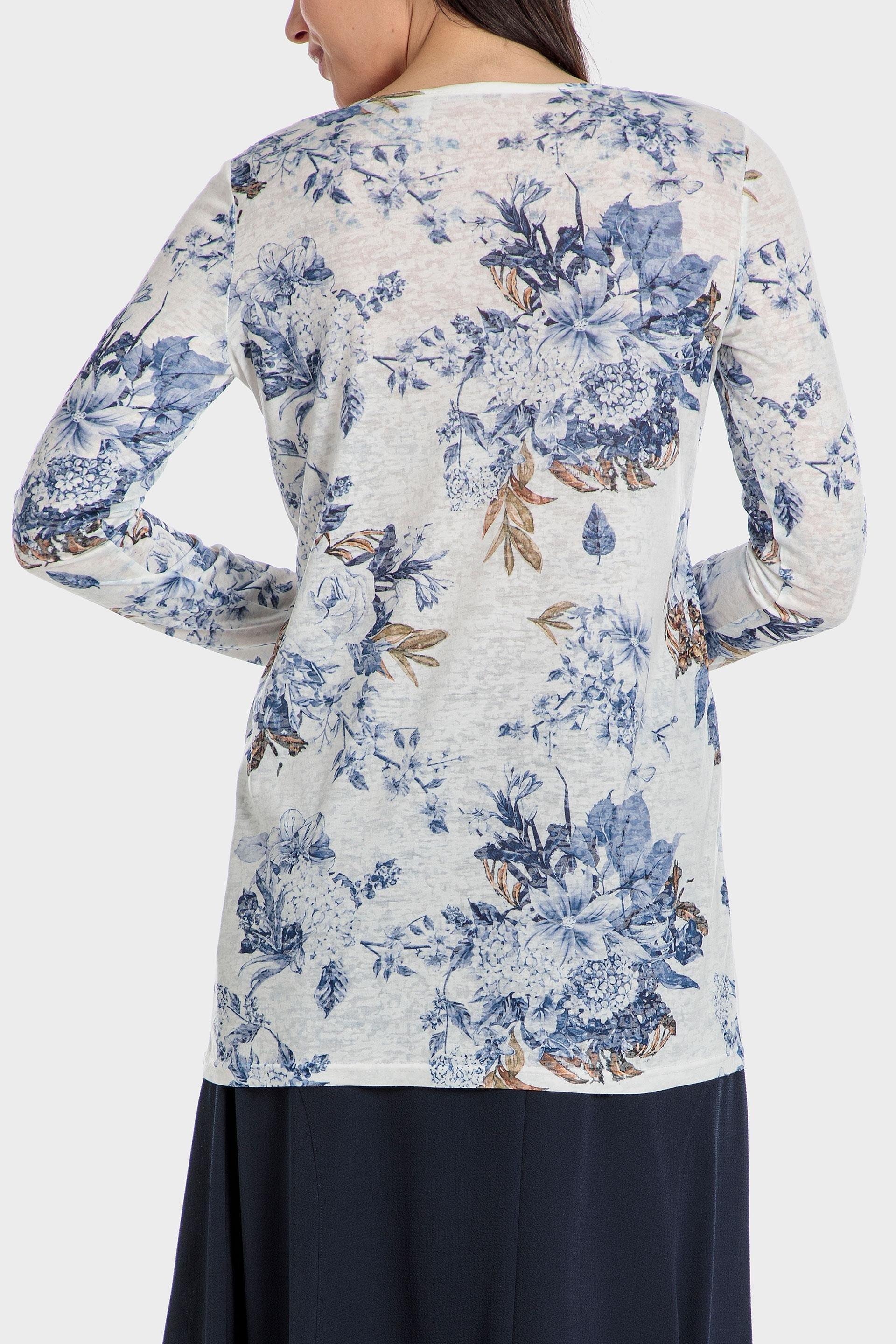 Blue Printed Crochet Long Sleeve Top, , large image number 1