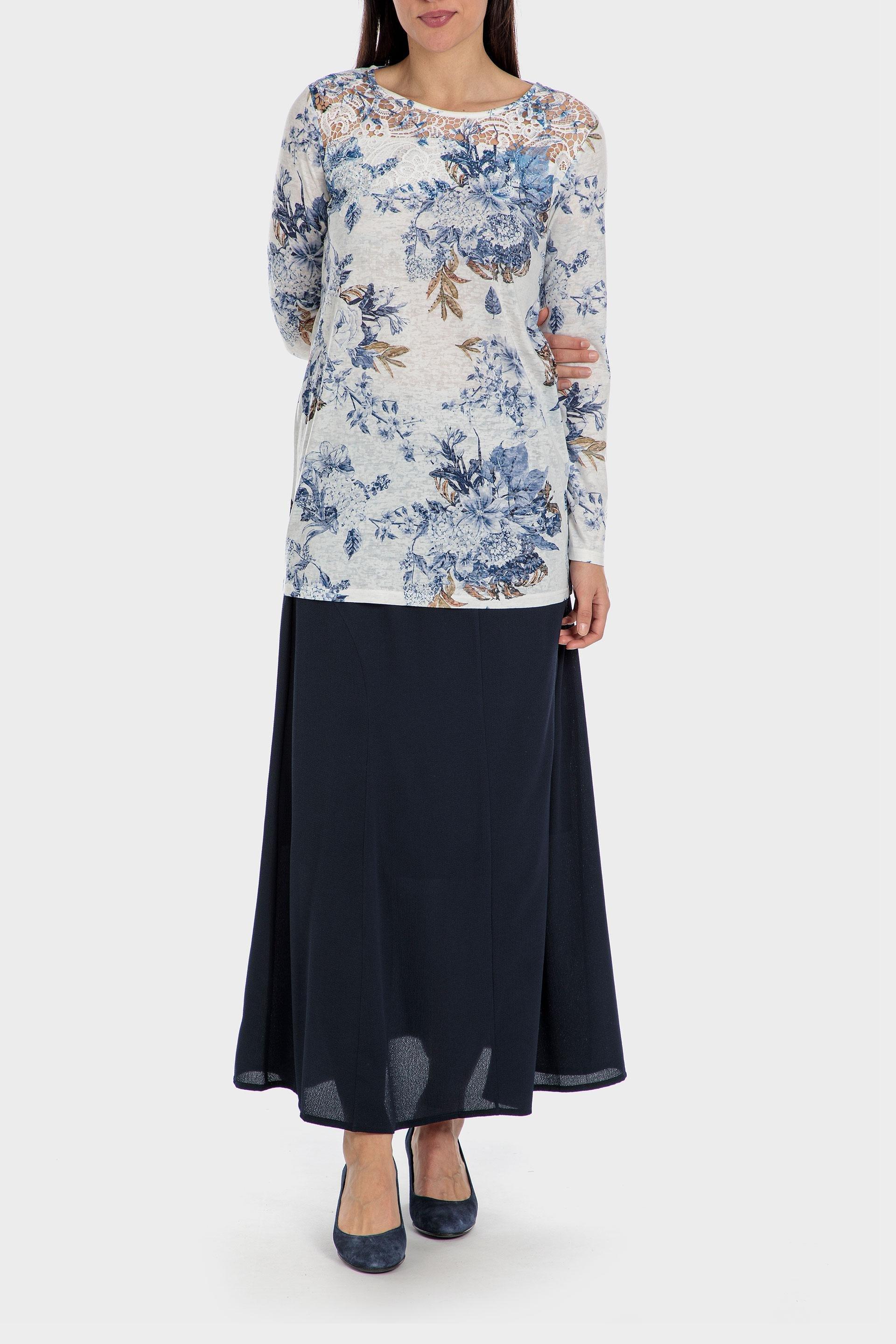 Blue Printed Crochet Long Sleeve Top, , large image number 2