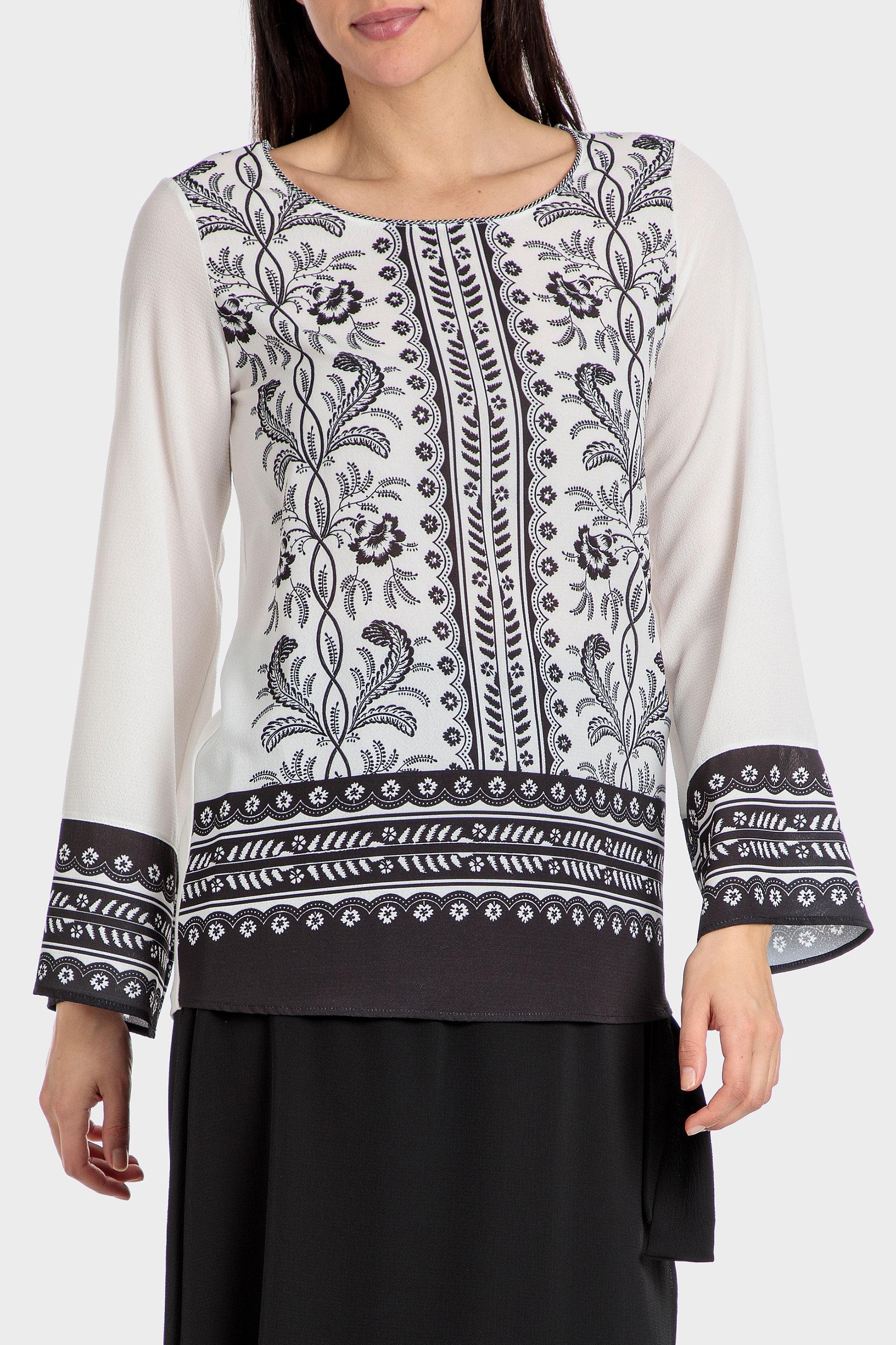 Punt Roma - White Printed Blouse With Gemstone