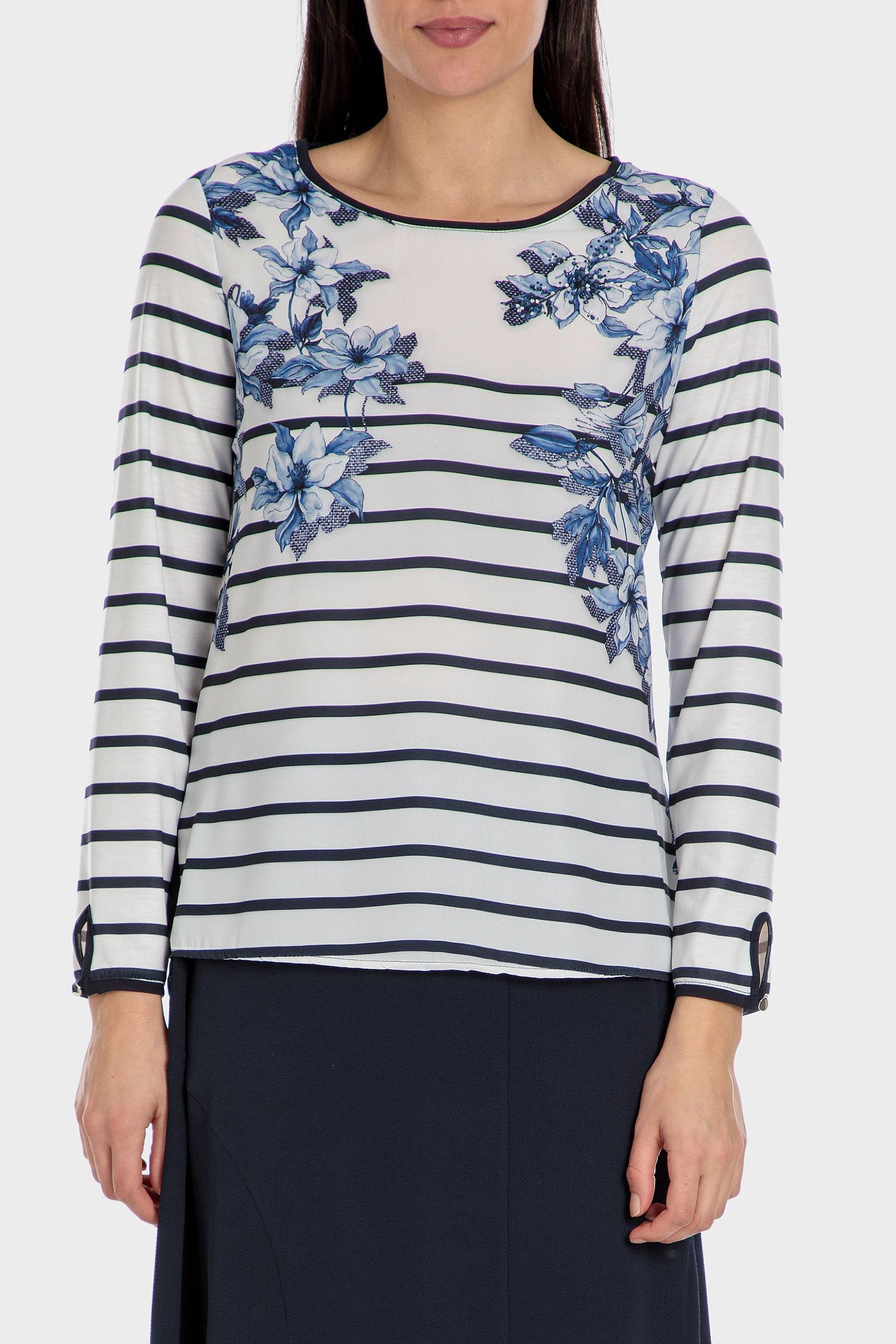 White Floral Striped Long Sleeve Top, , large image number 0