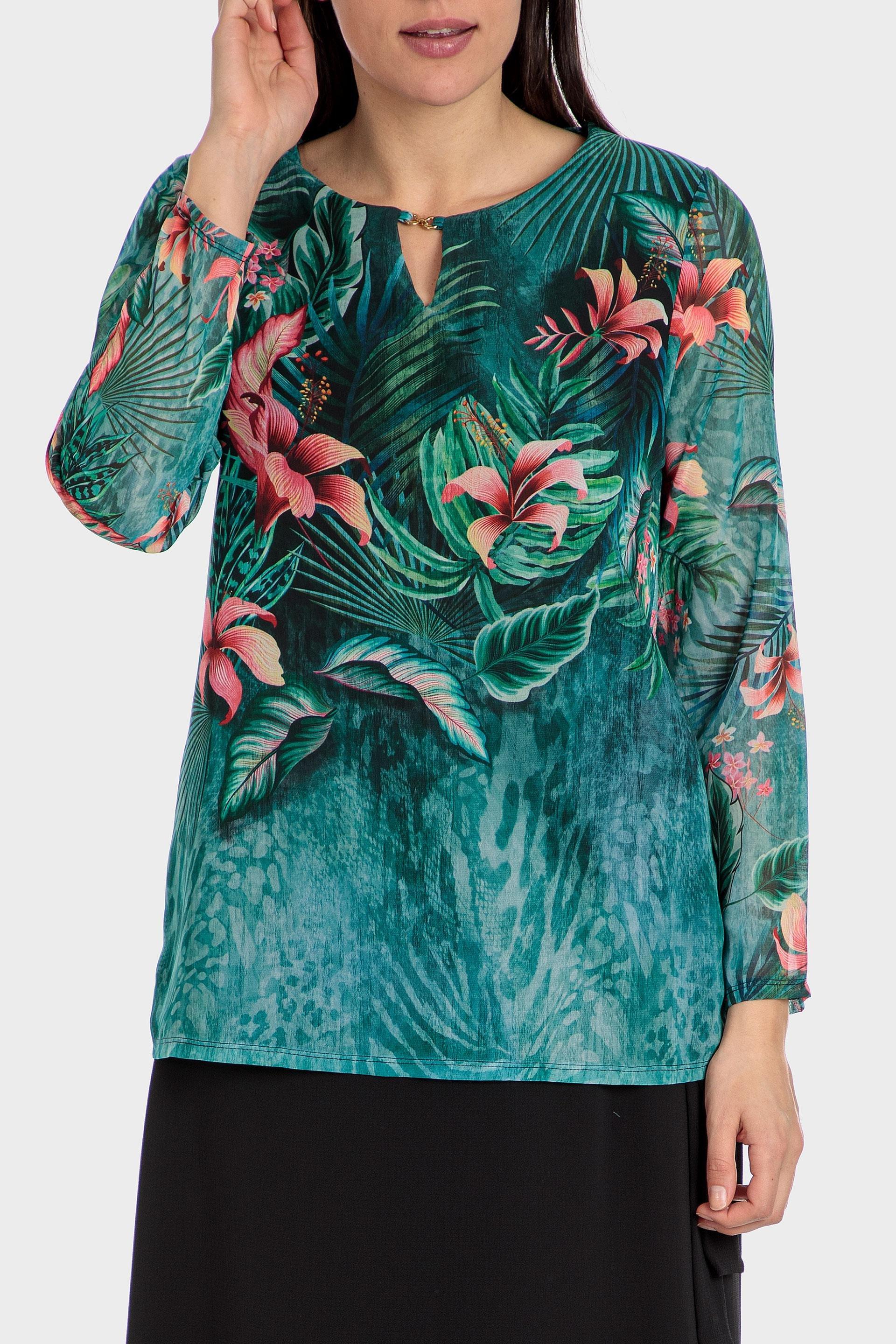 Green Tropical Print Blouse, , large image number 0