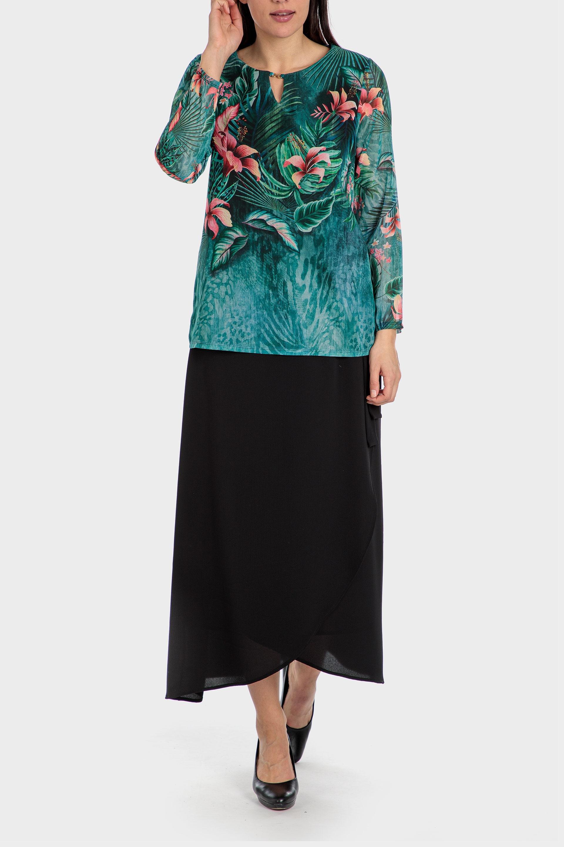 Green Tropical Print Blouse, , large image number 1