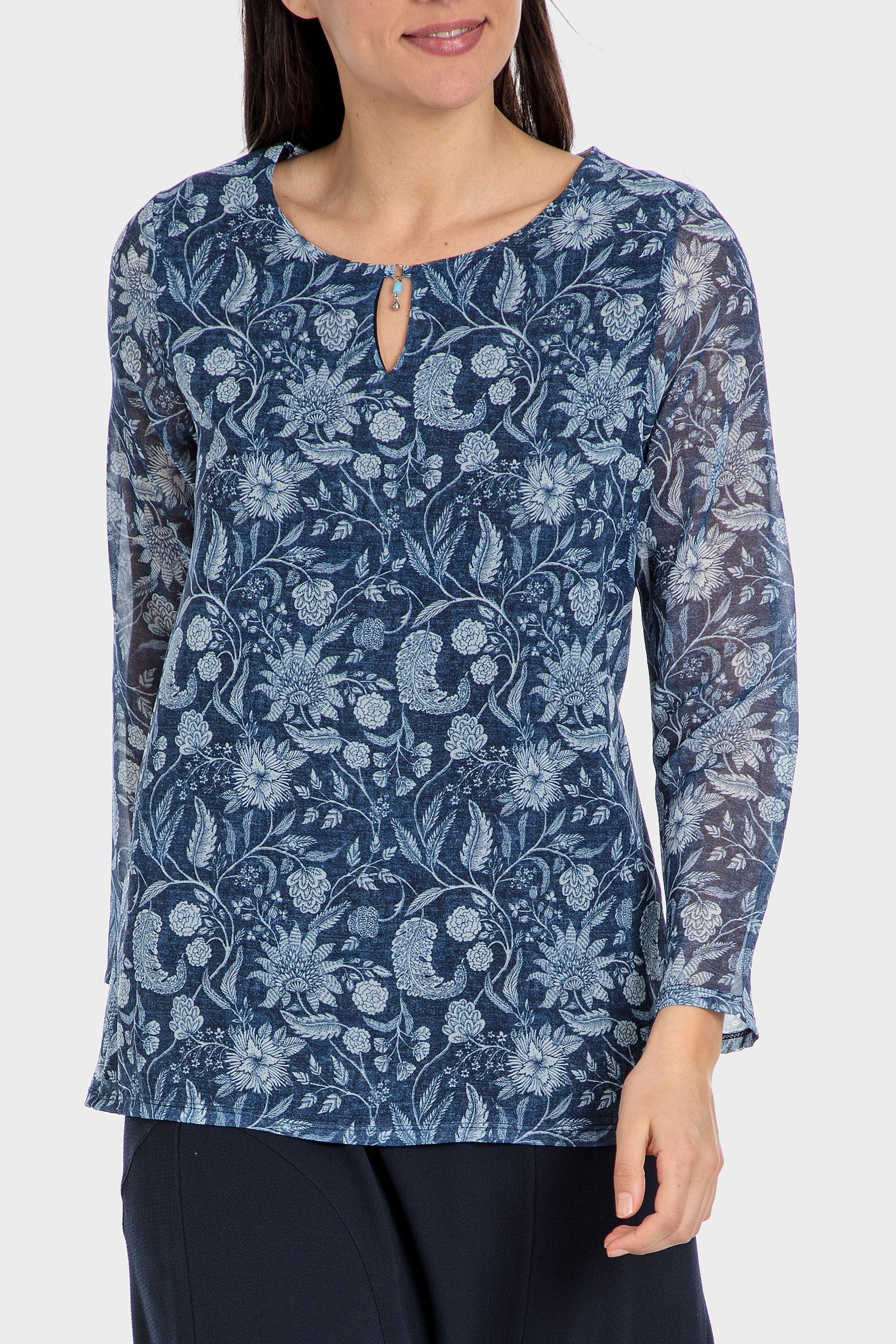 Blue Floral Print Blouse, , large image number 0