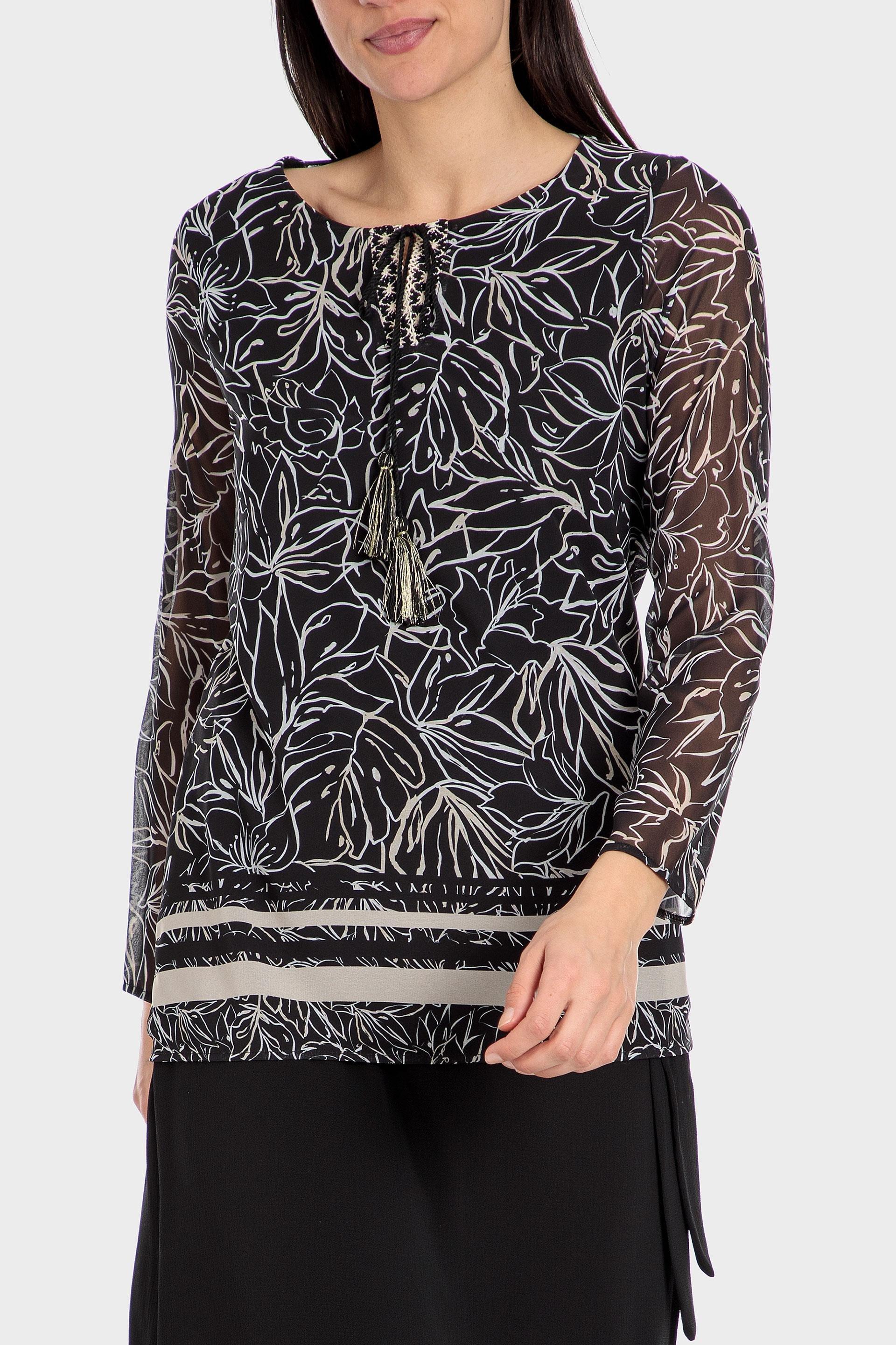 Punt Roma - Black Floral And Striped Print Blouse