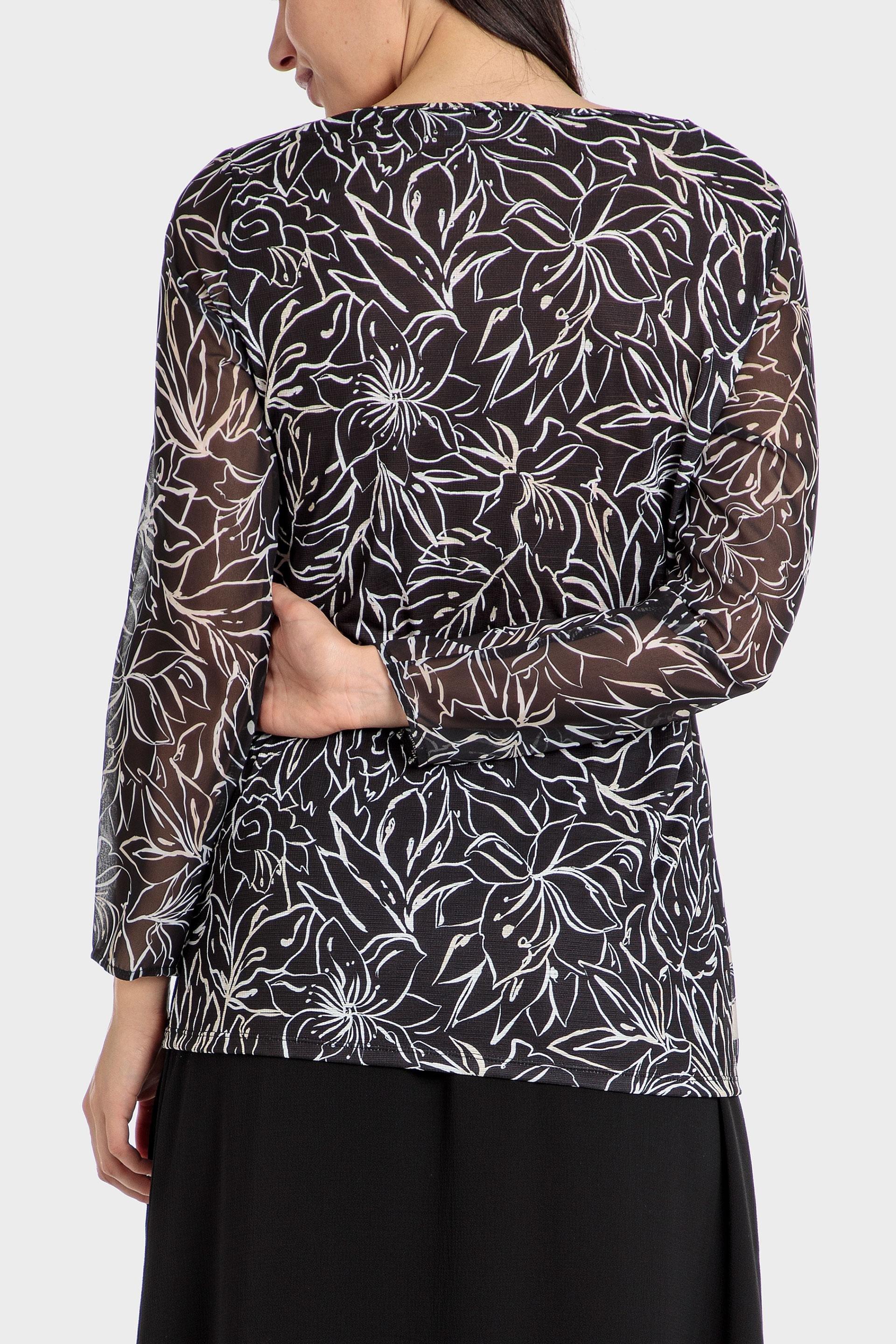 Punt Roma - Black Floral And Striped Print Blouse