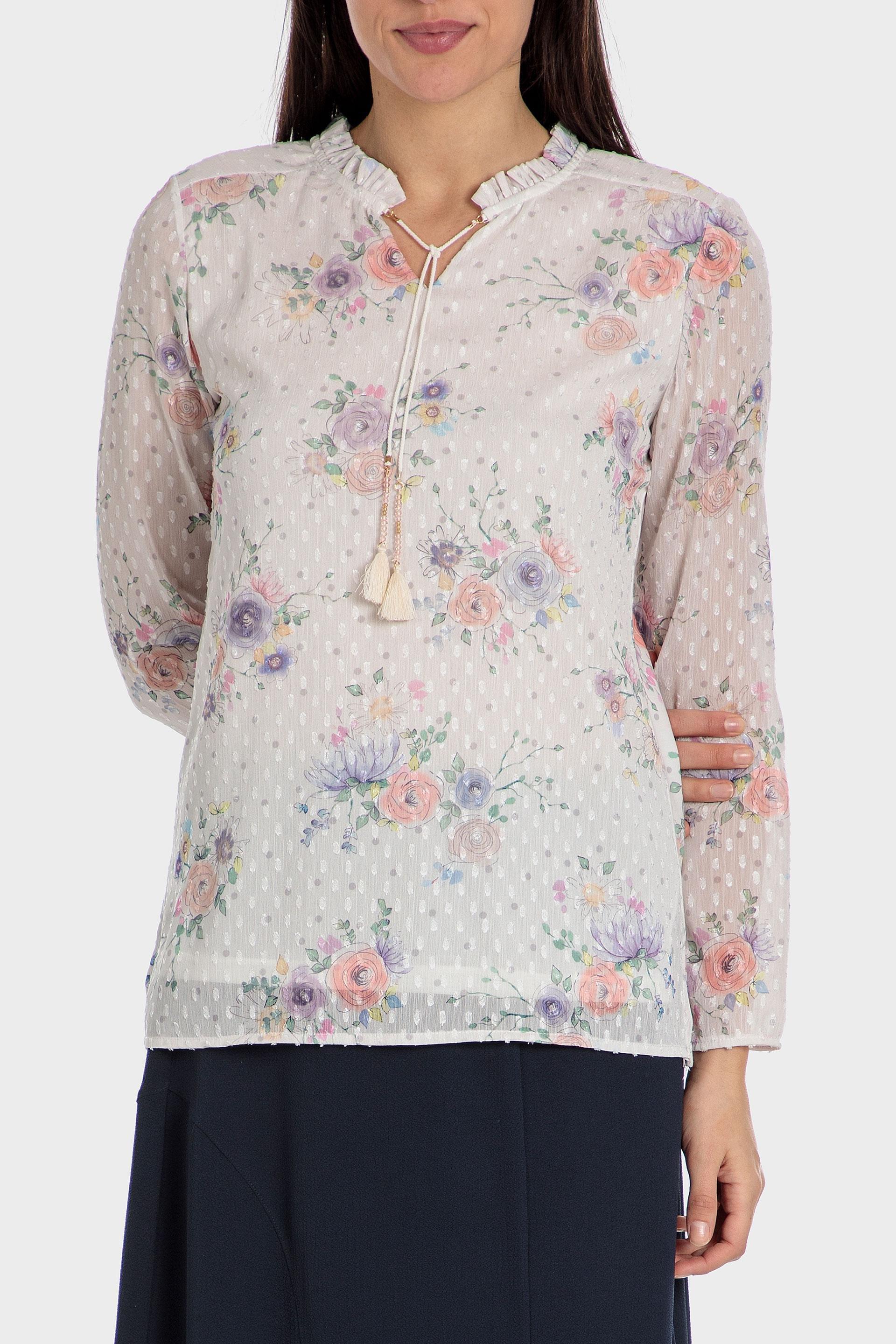 White Printed Plumetti Blouse, , large image number 0