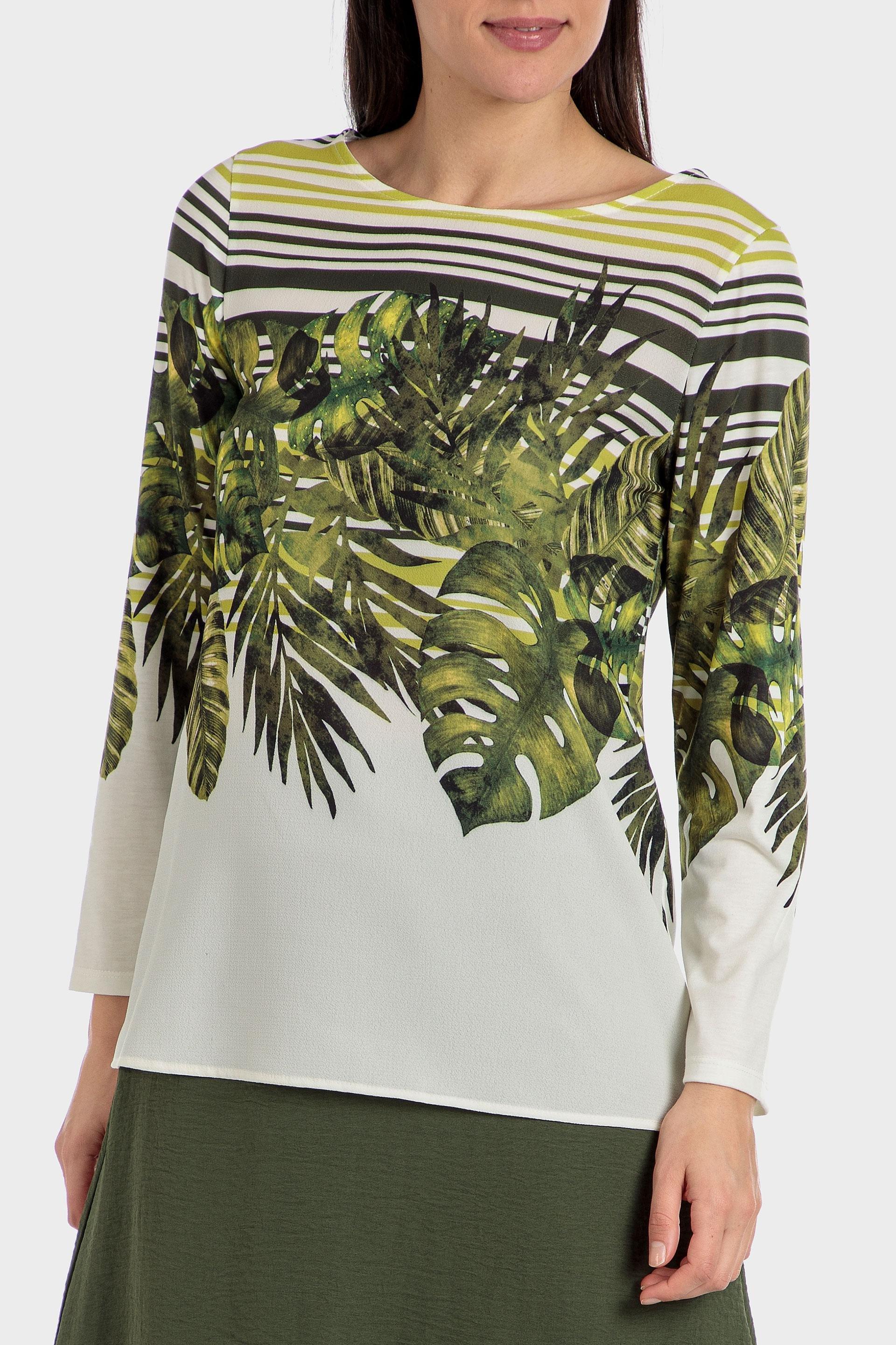 Green Tropical Print Long Sleeve Top, , large image number 0