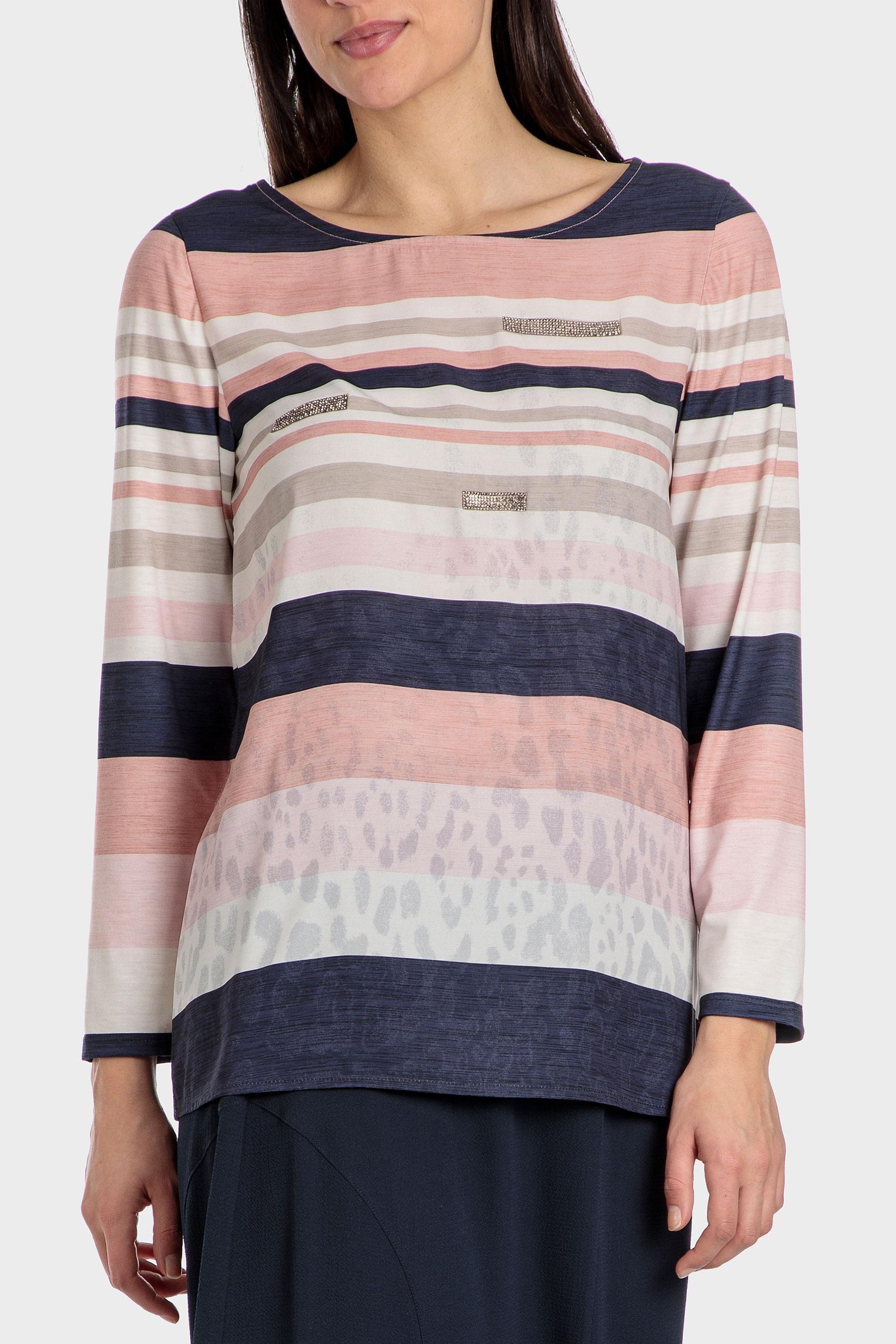 Pink Striped Long Sleeve Top With Gemstones, , large image number 0
