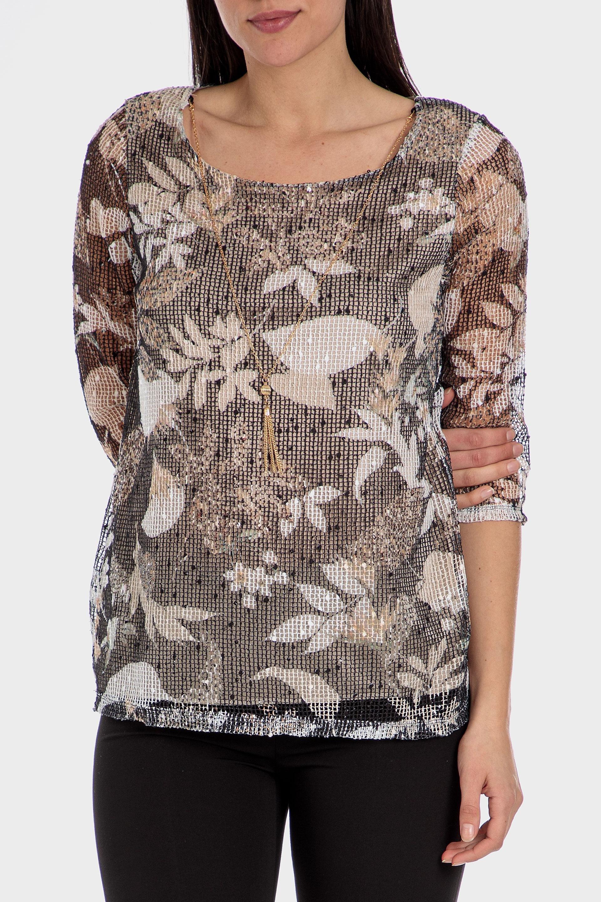 Brown Mesh Printed Blouse, , large image number 0