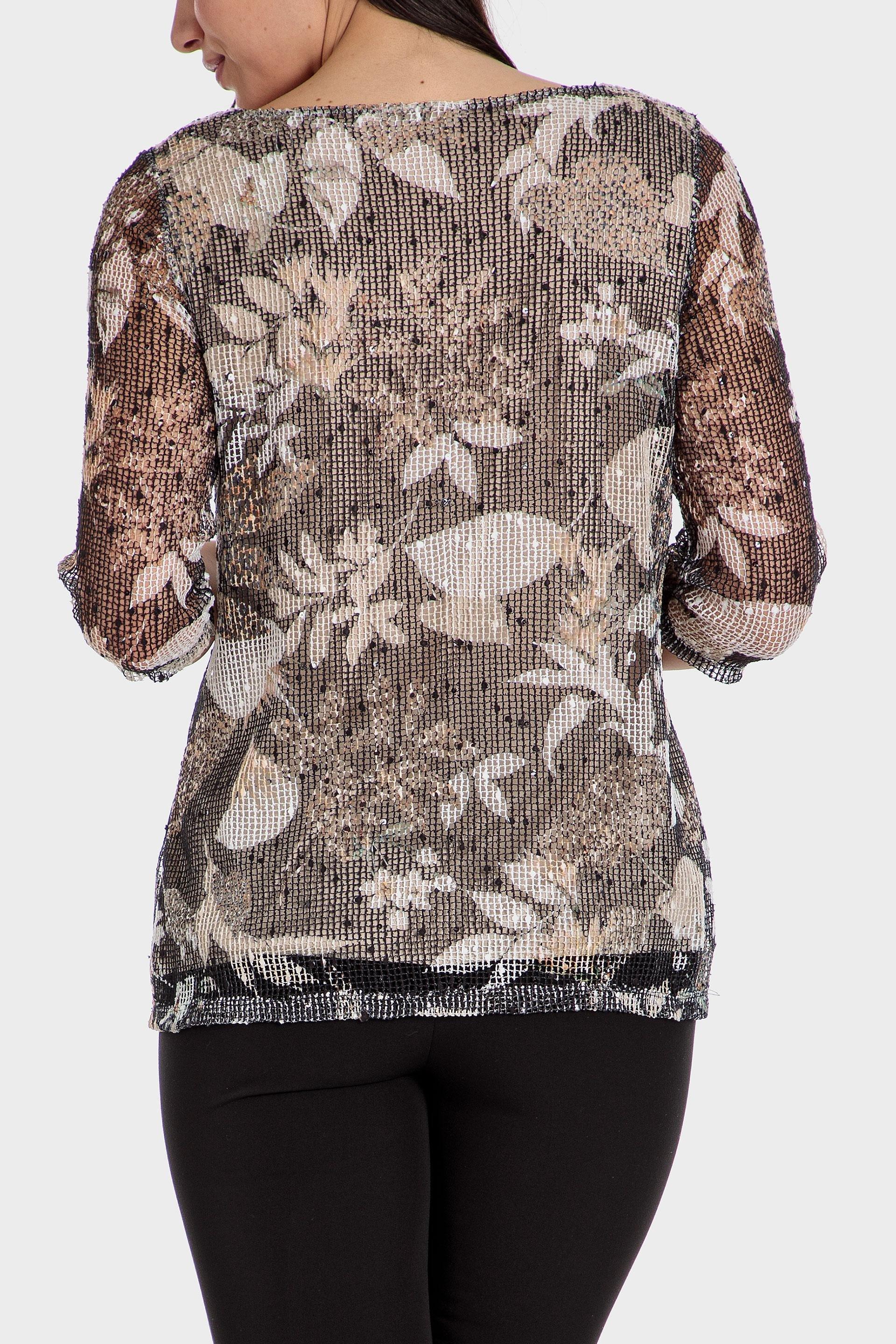 Brown Mesh Printed Blouse, , large image number 1