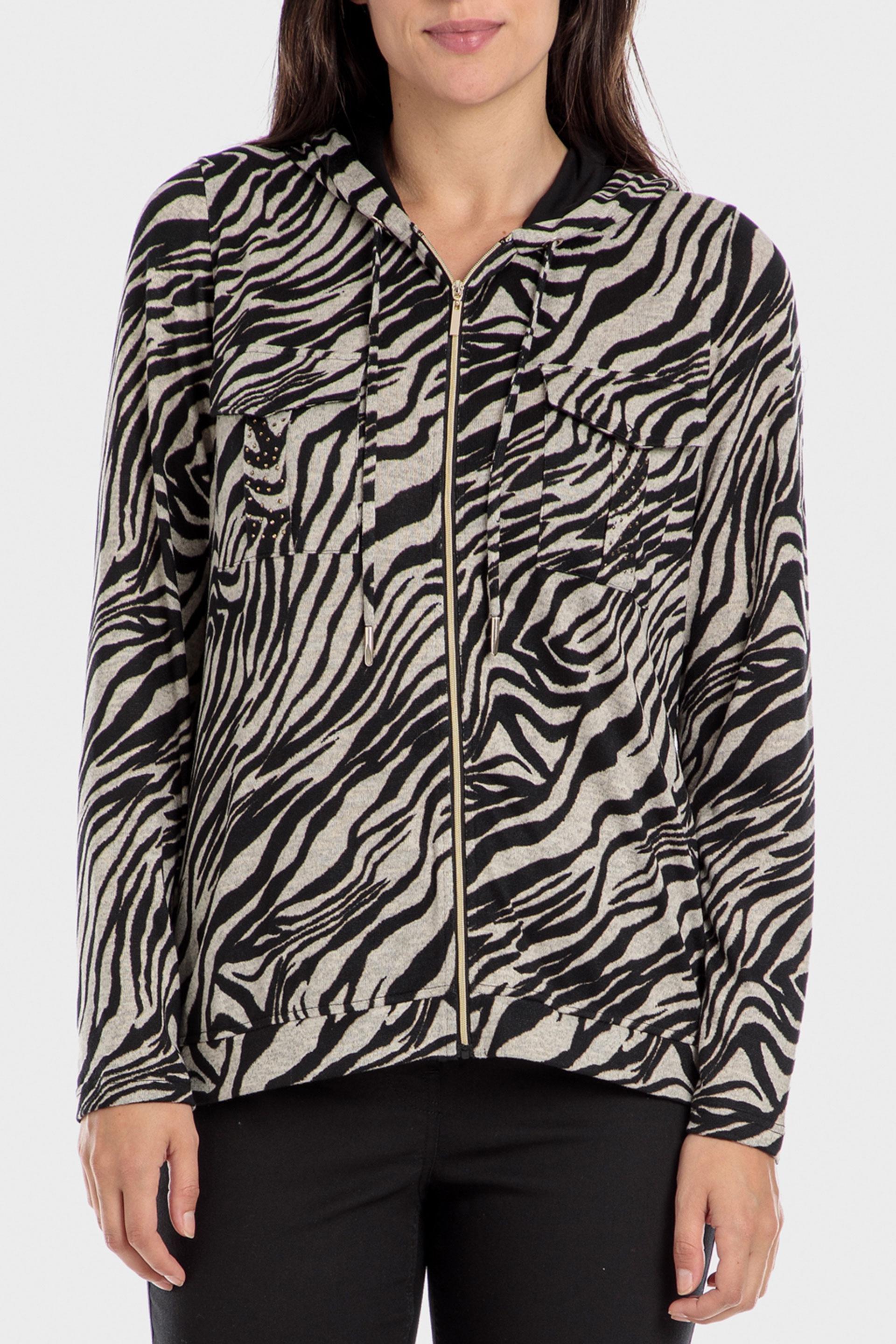 Black Zebra Print Hooded Jacket, , large image number 0