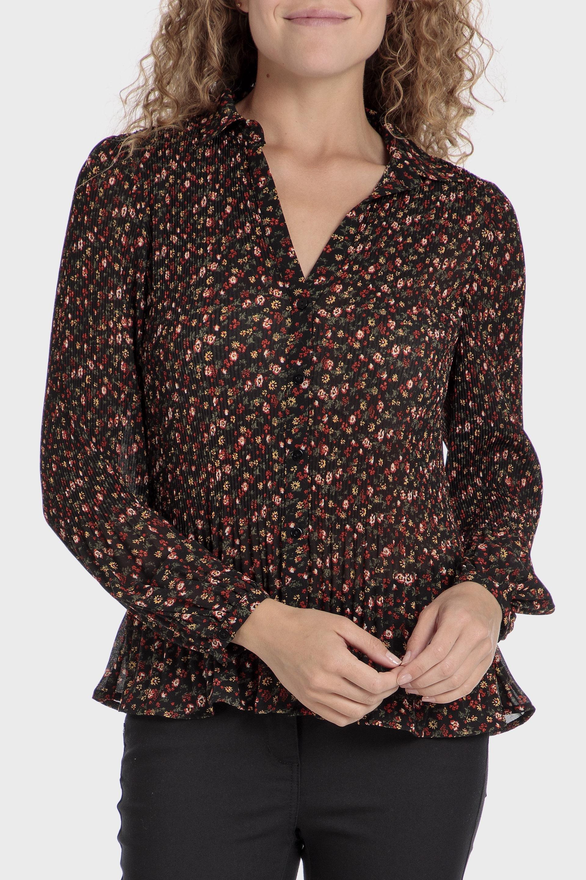 Multicolour Printed Pleated Shirt, Black, large image number 0
